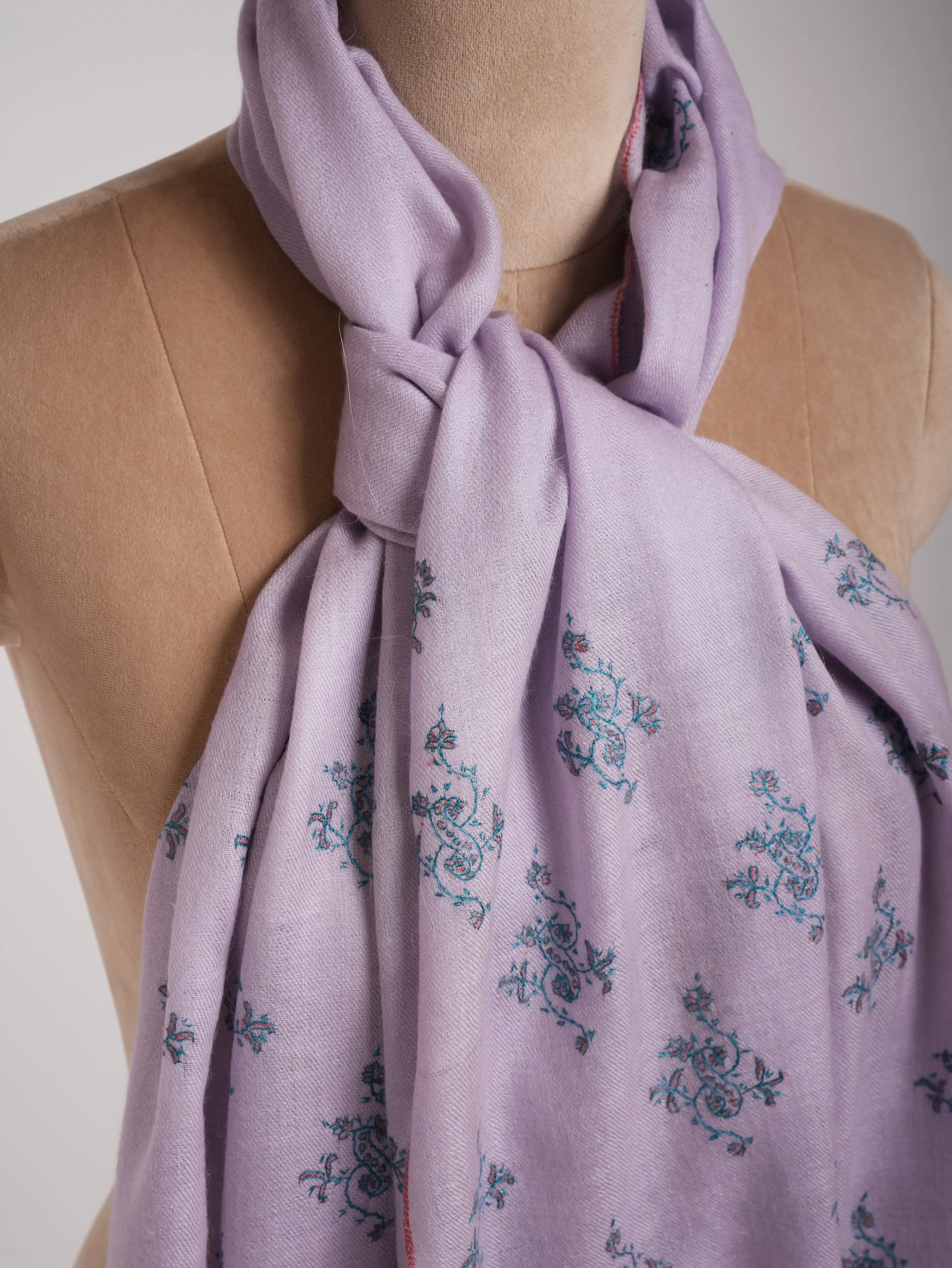 Pastel Lilac Embroidered Cashmere Pashmina Stole Shahkaar