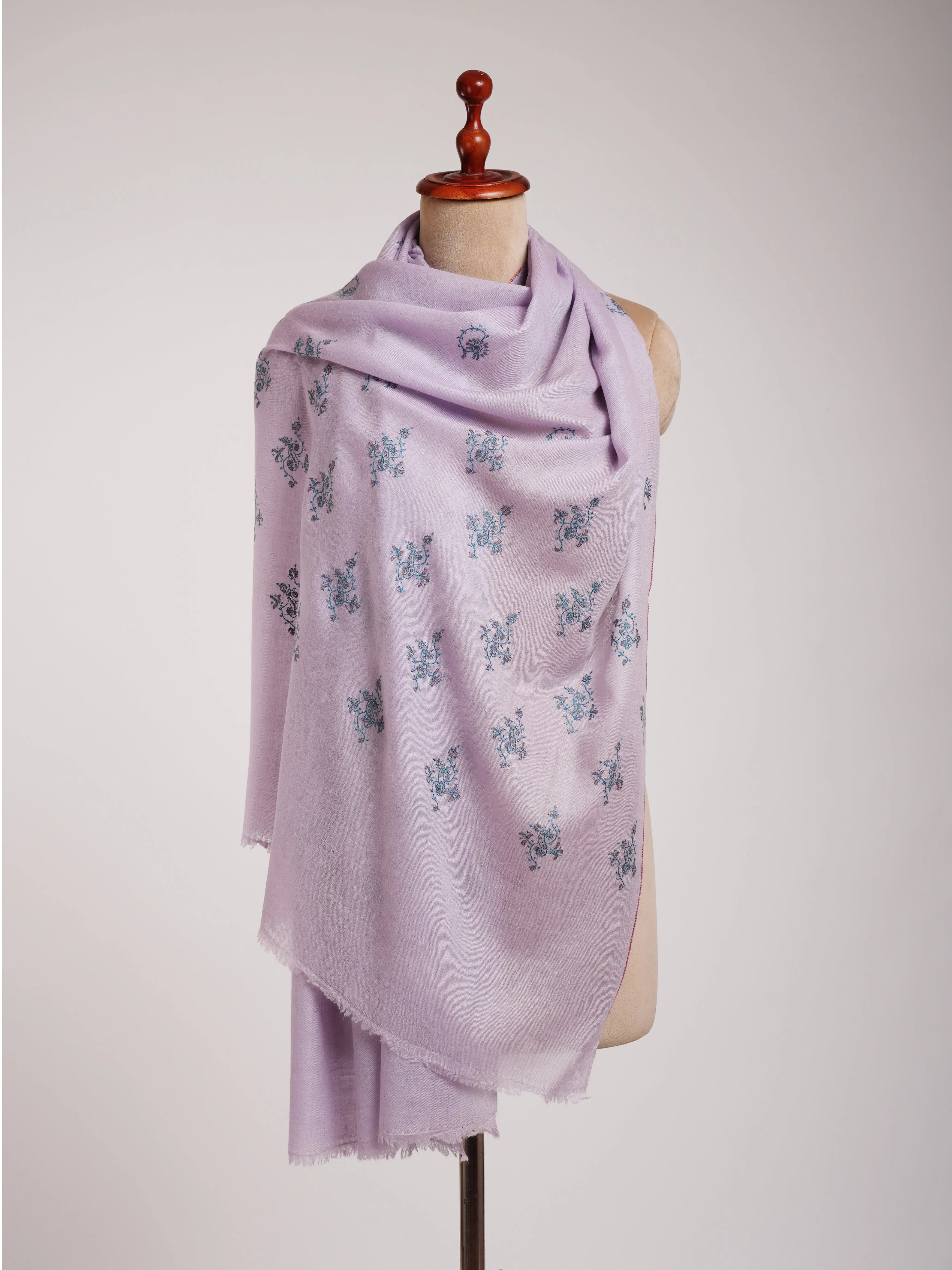 Pastel Lilac Embroidered Cashmere Pashmina Stole Shahkaar
