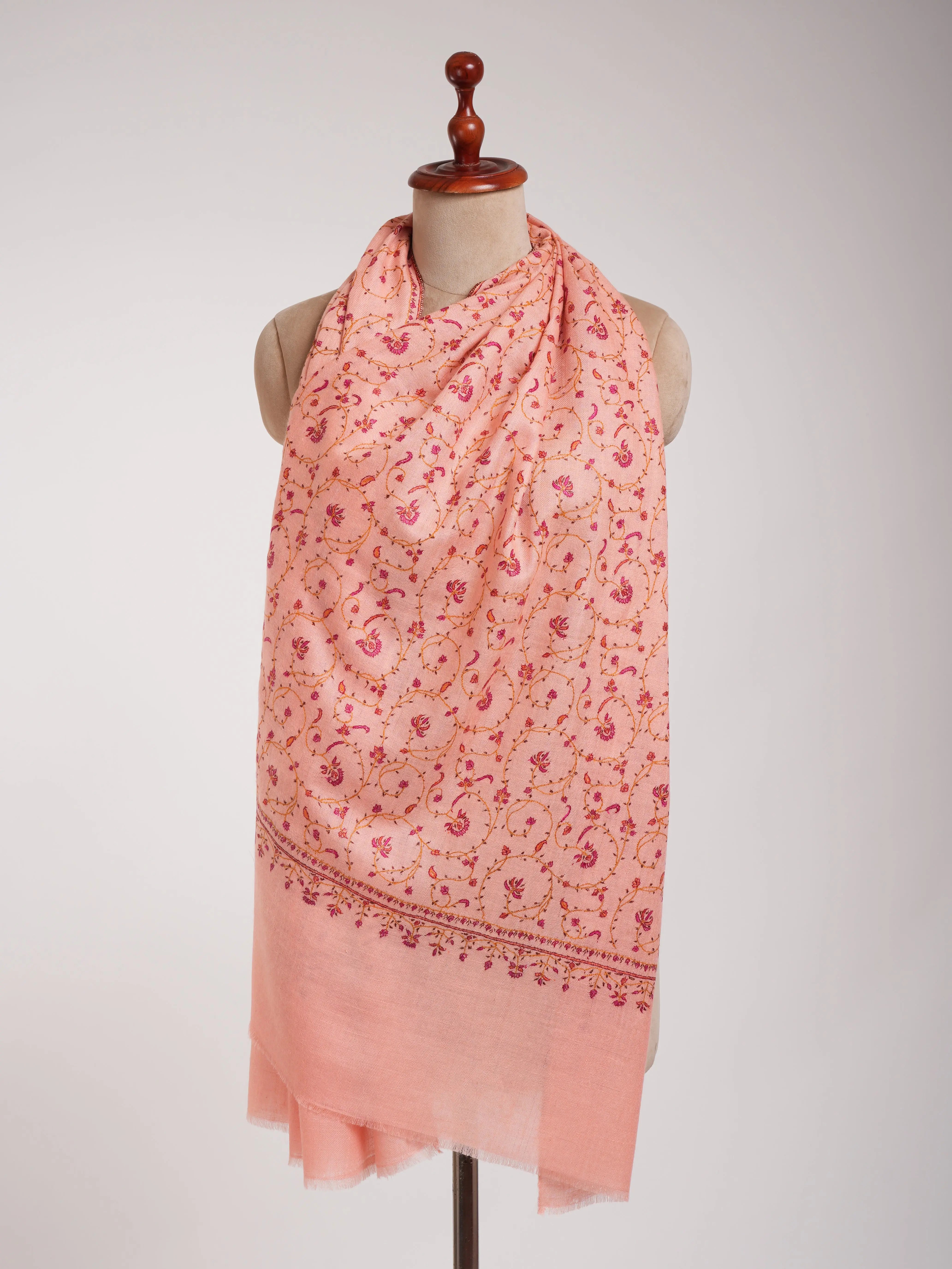 Peach Pink Sozni Embroidered Kashmiri Cashmere Wrap Shahkaar