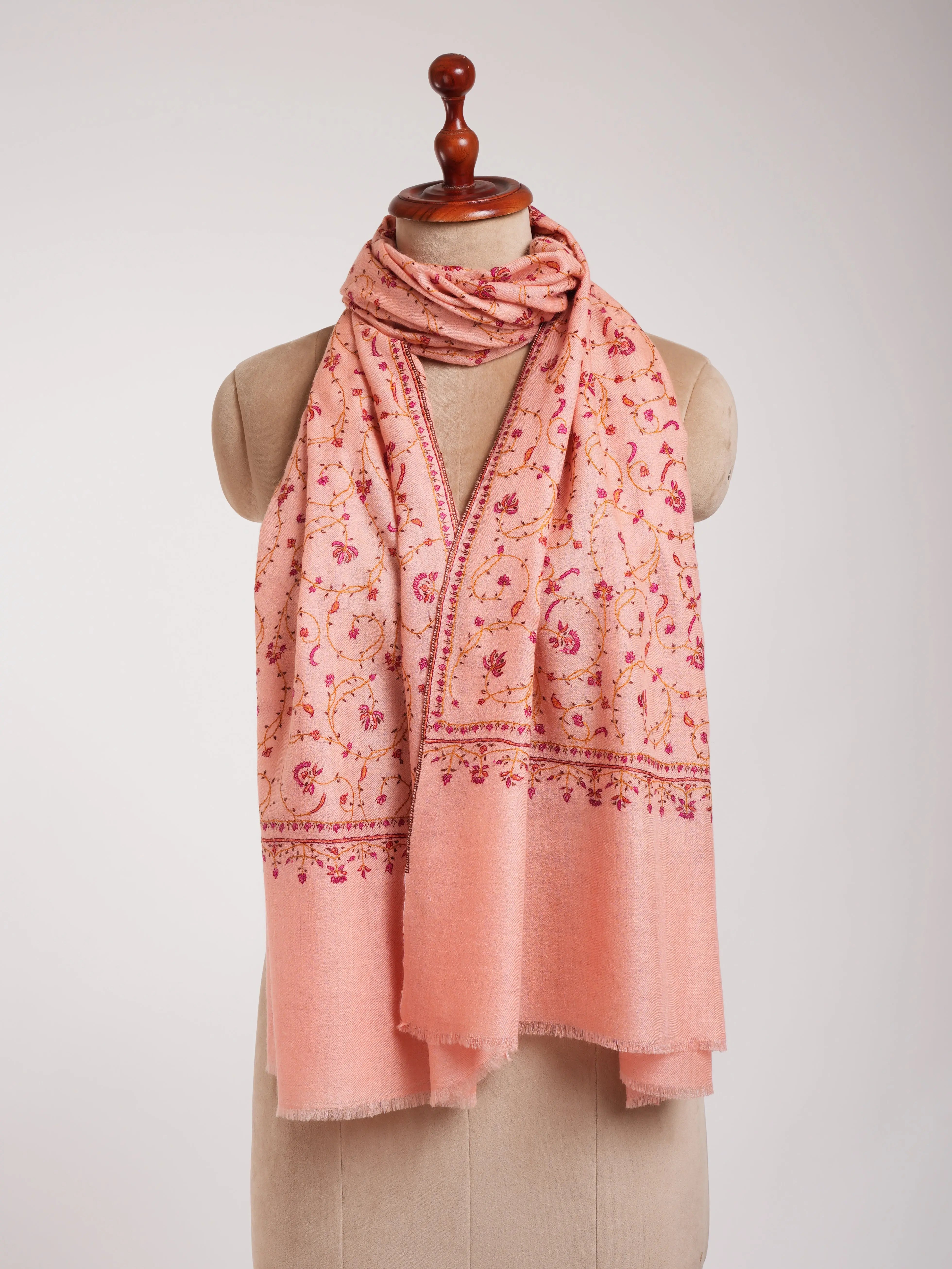 Peach Pink Sozni Embroidered Kashmiri Cashmere Wrap Shahkaar