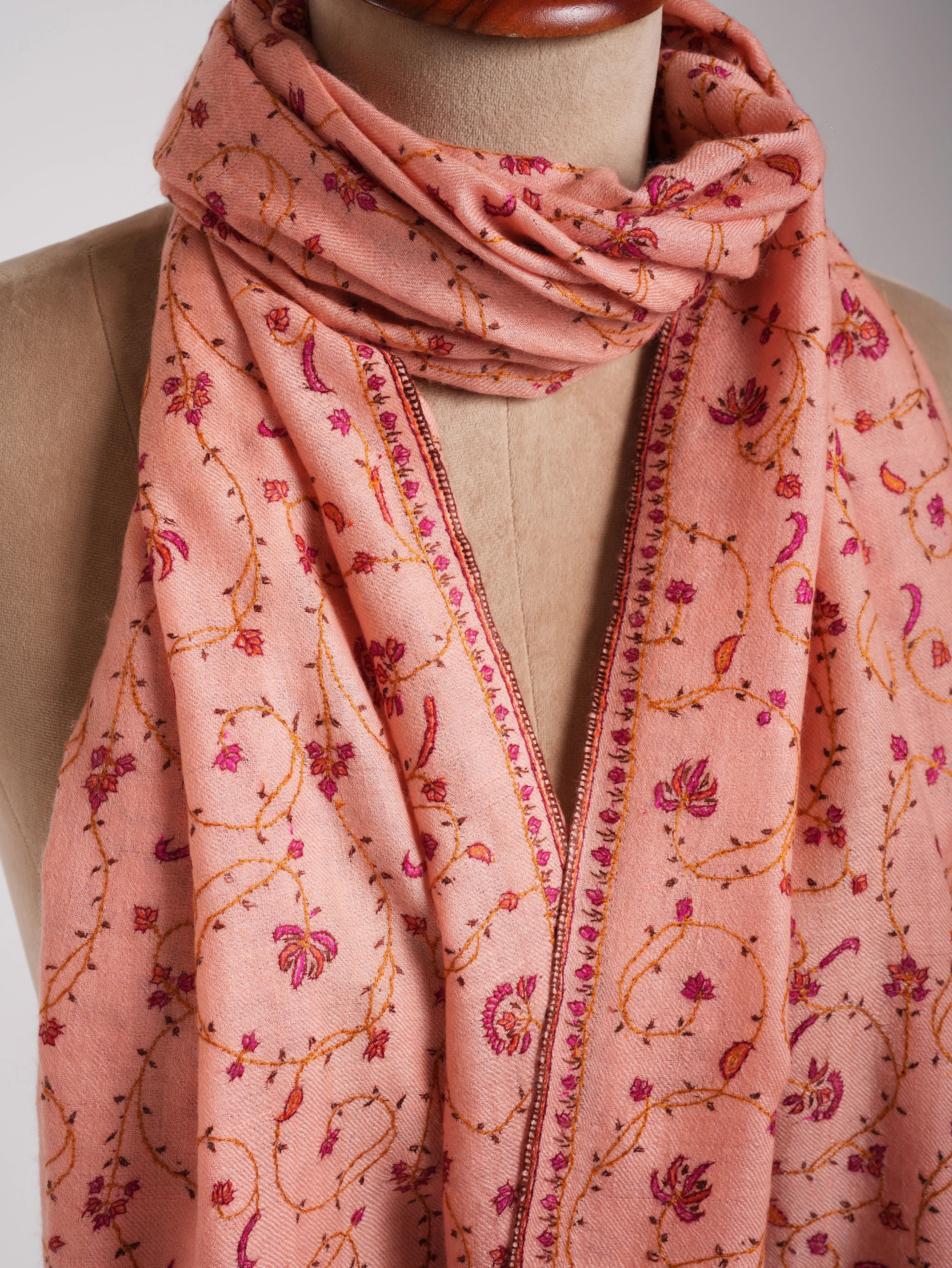 Peach Pink Sozni Embroidered Kashmiri Cashmere Wrap Shahkaar