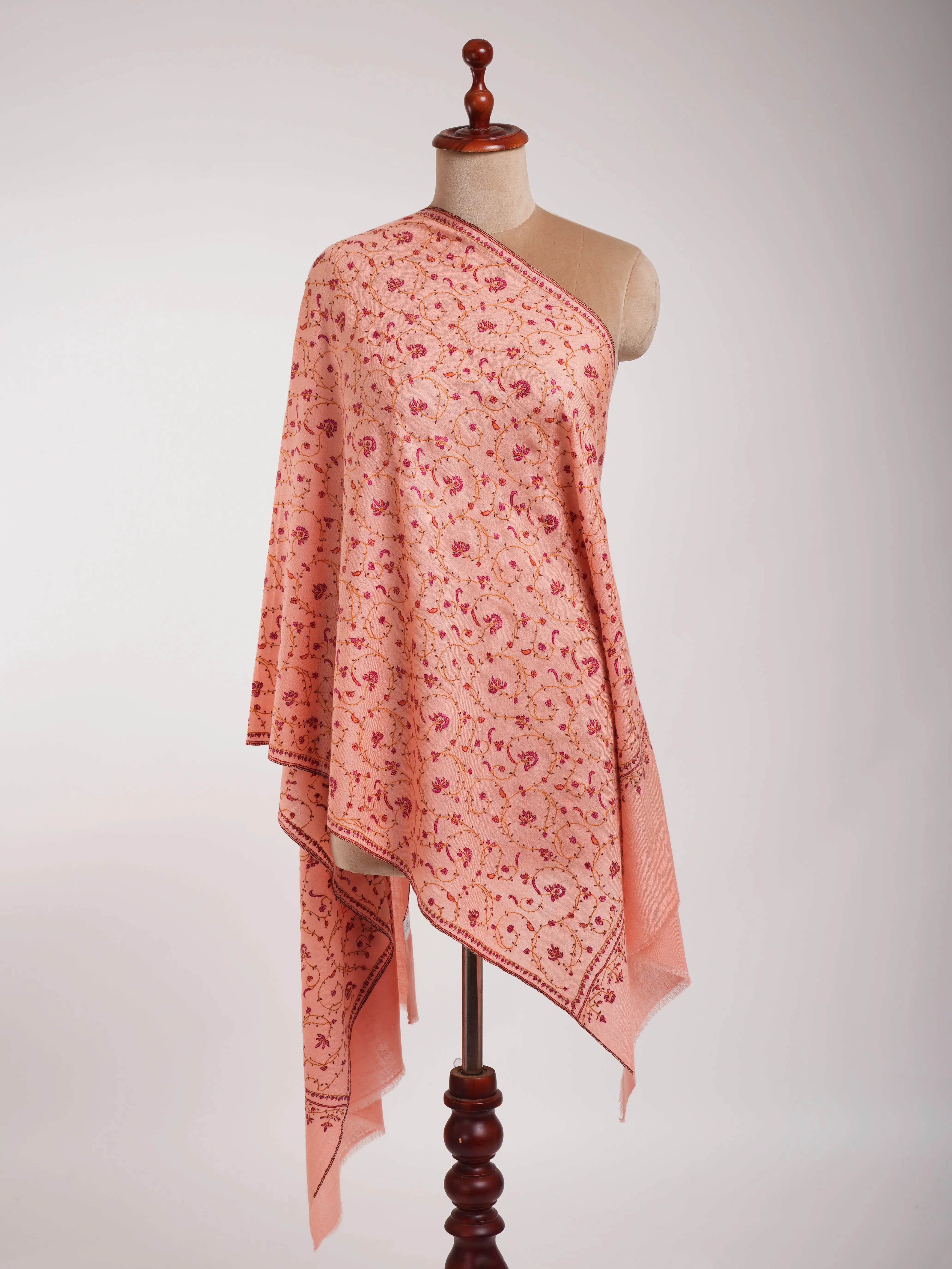 Peach Pink Sozni Embroidered Kashmiri Cashmere Wrap Shahkaar