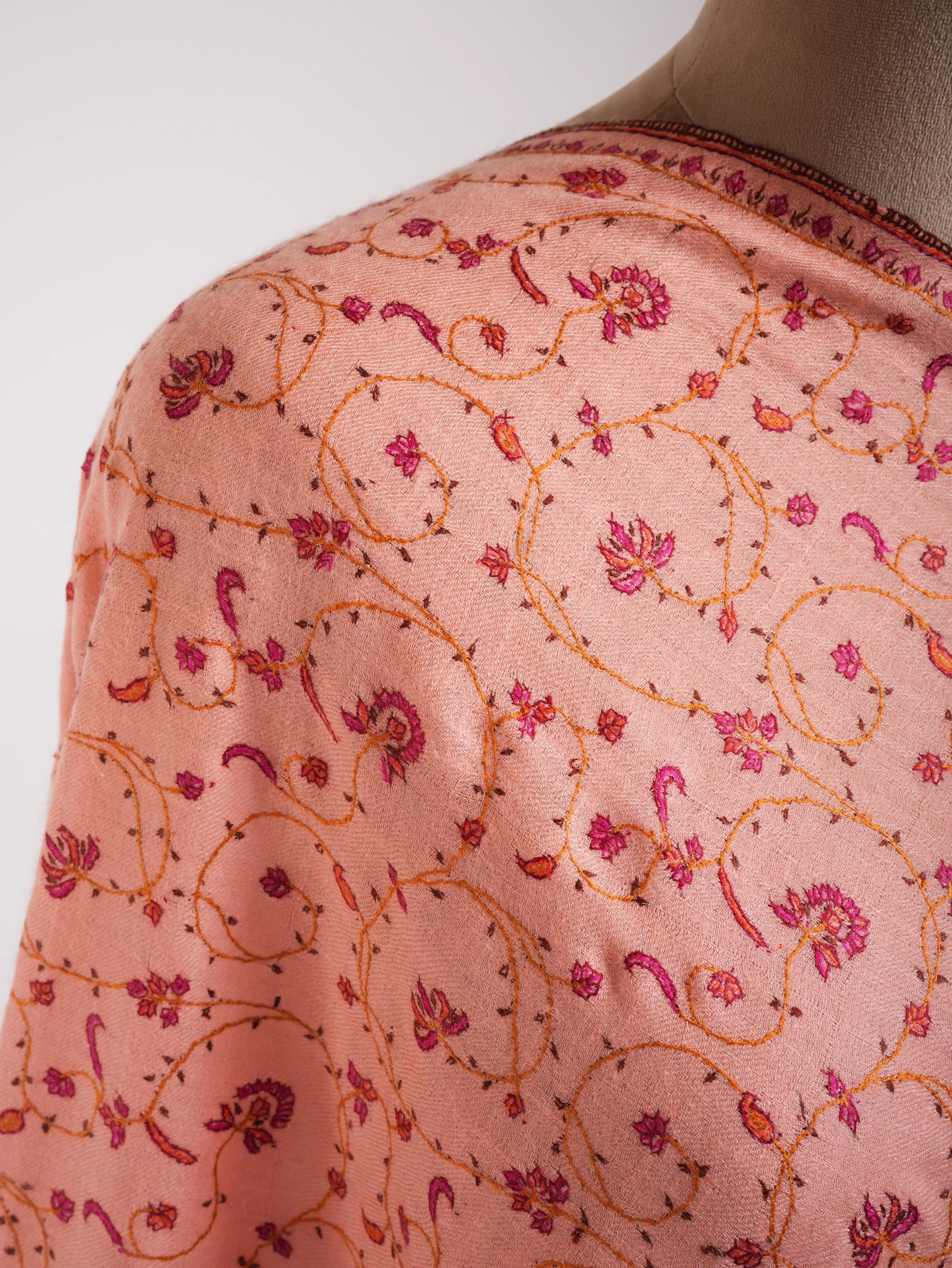 Peach Pink Sozni Embroidered Kashmiri Cashmere Wrap Shahkaar
