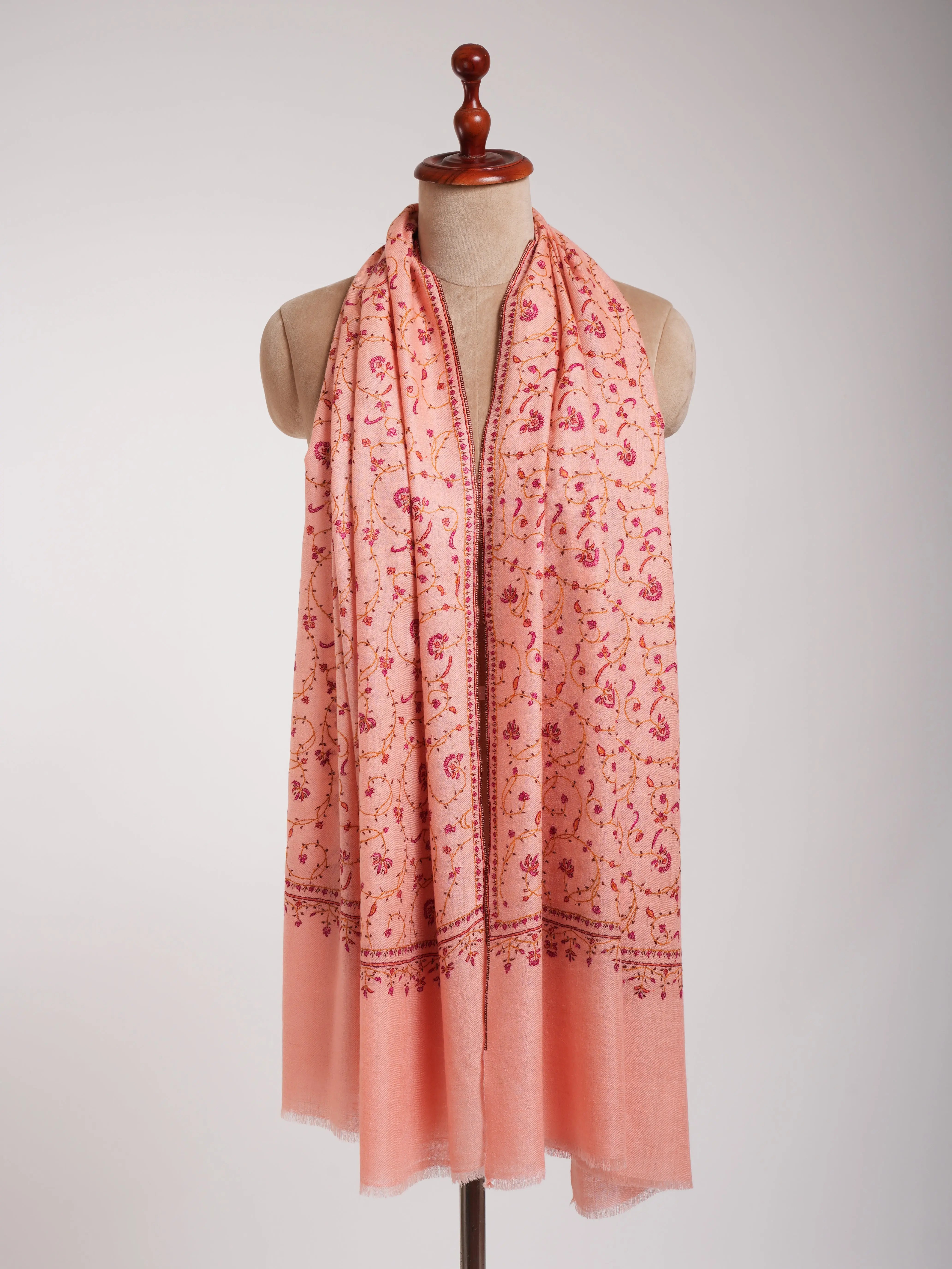 Peach Pink Sozni Embroidered Kashmiri Cashmere Wrap Shahkaar
