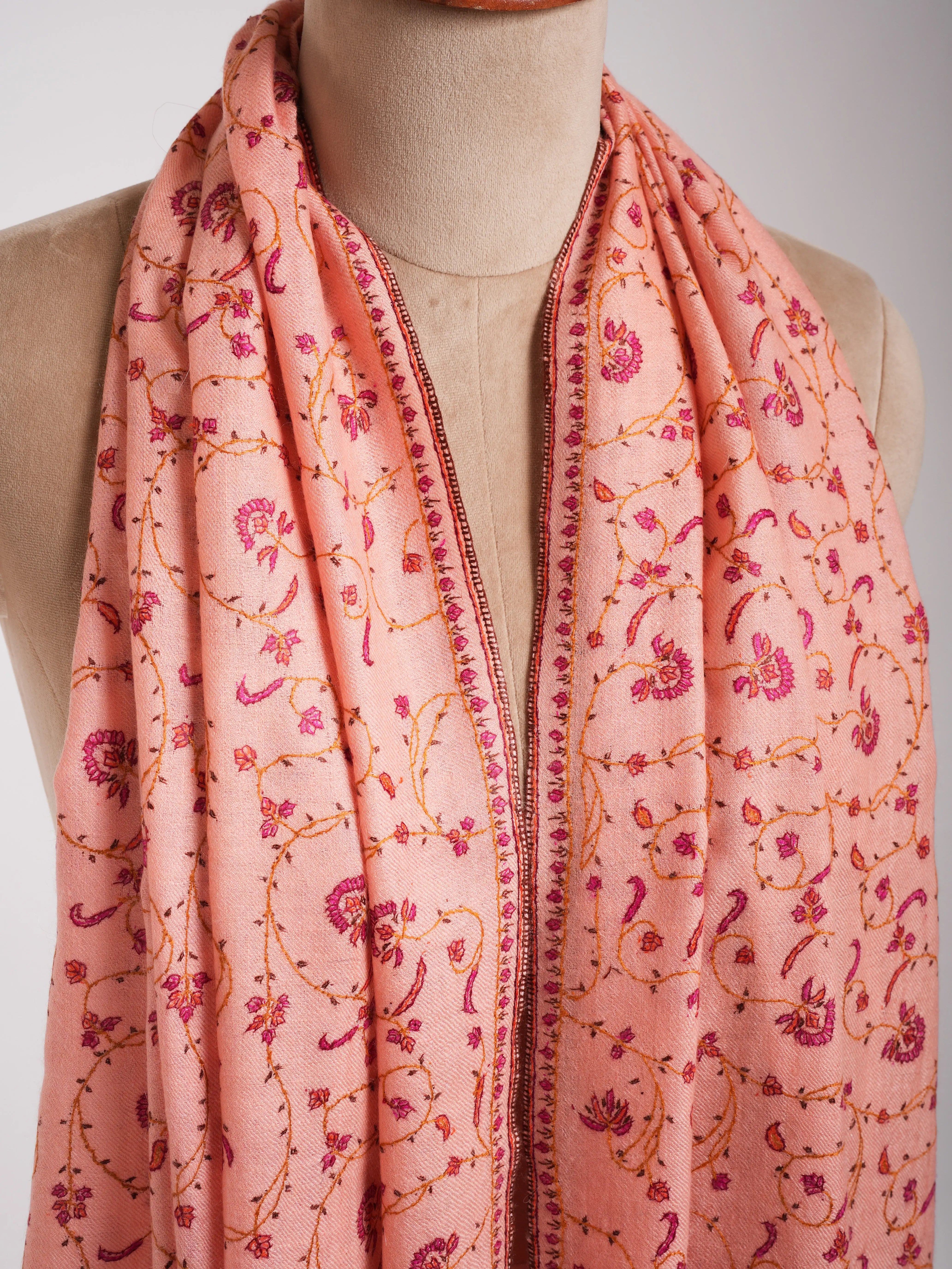 Peach Pink Sozni Embroidered Kashmiri Cashmere Wrap Shahkaar