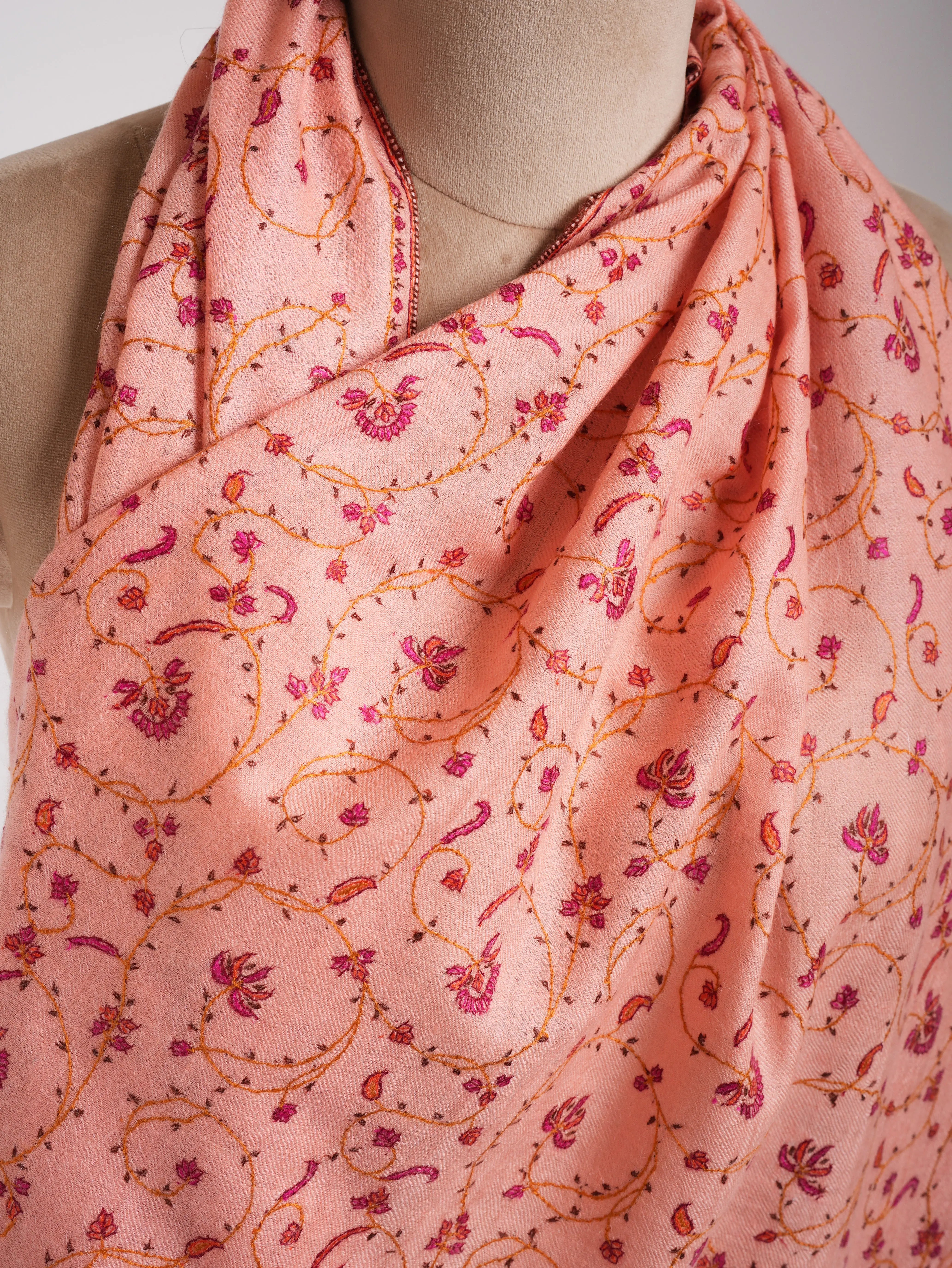 Peach Pink Sozni Embroidered Kashmiri Cashmere Wrap Shahkaar