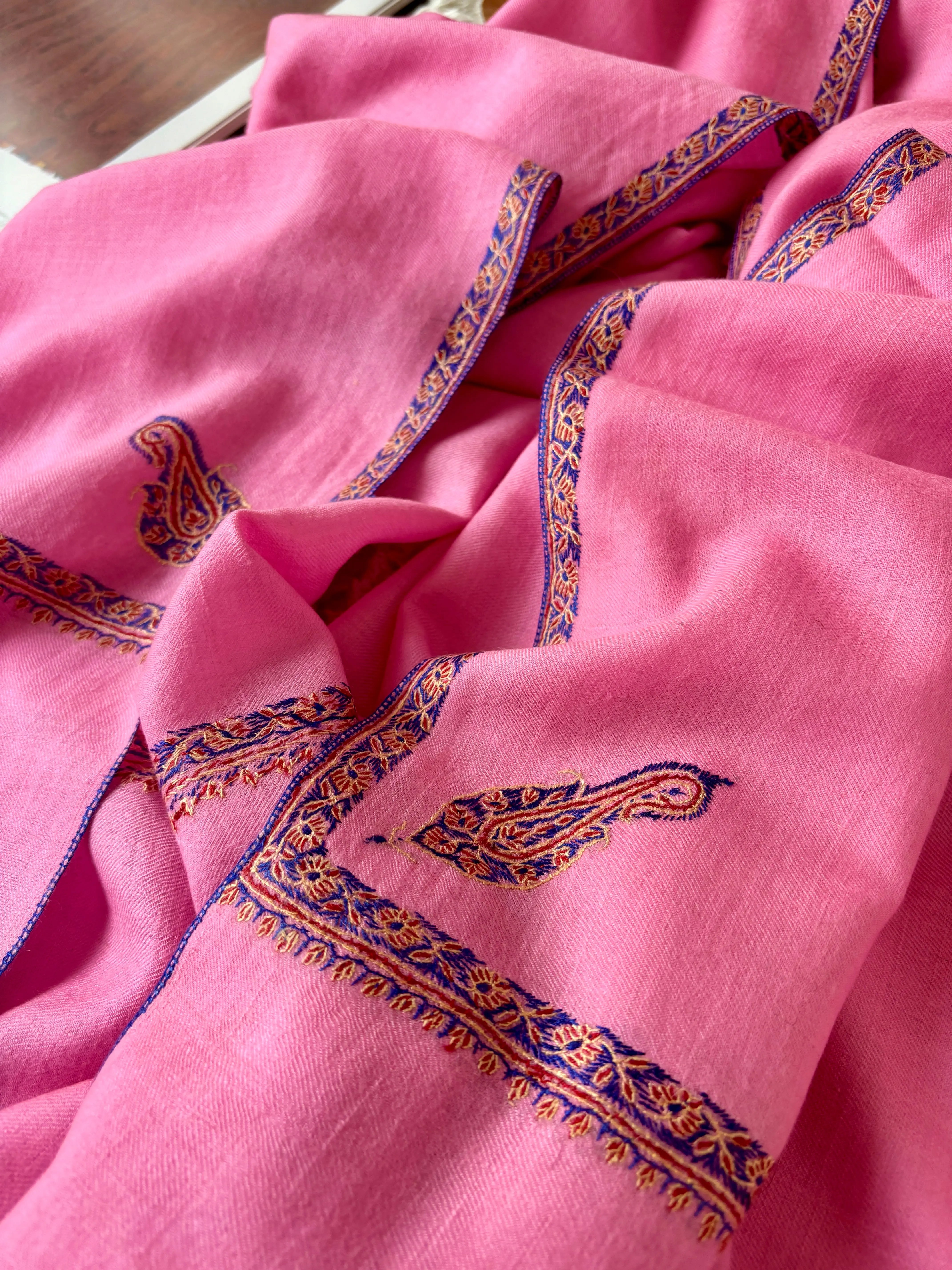 Pink Hand Embroidered Baildar Cashmere Pashmina Wrap - HIRWAUN Shahkaar