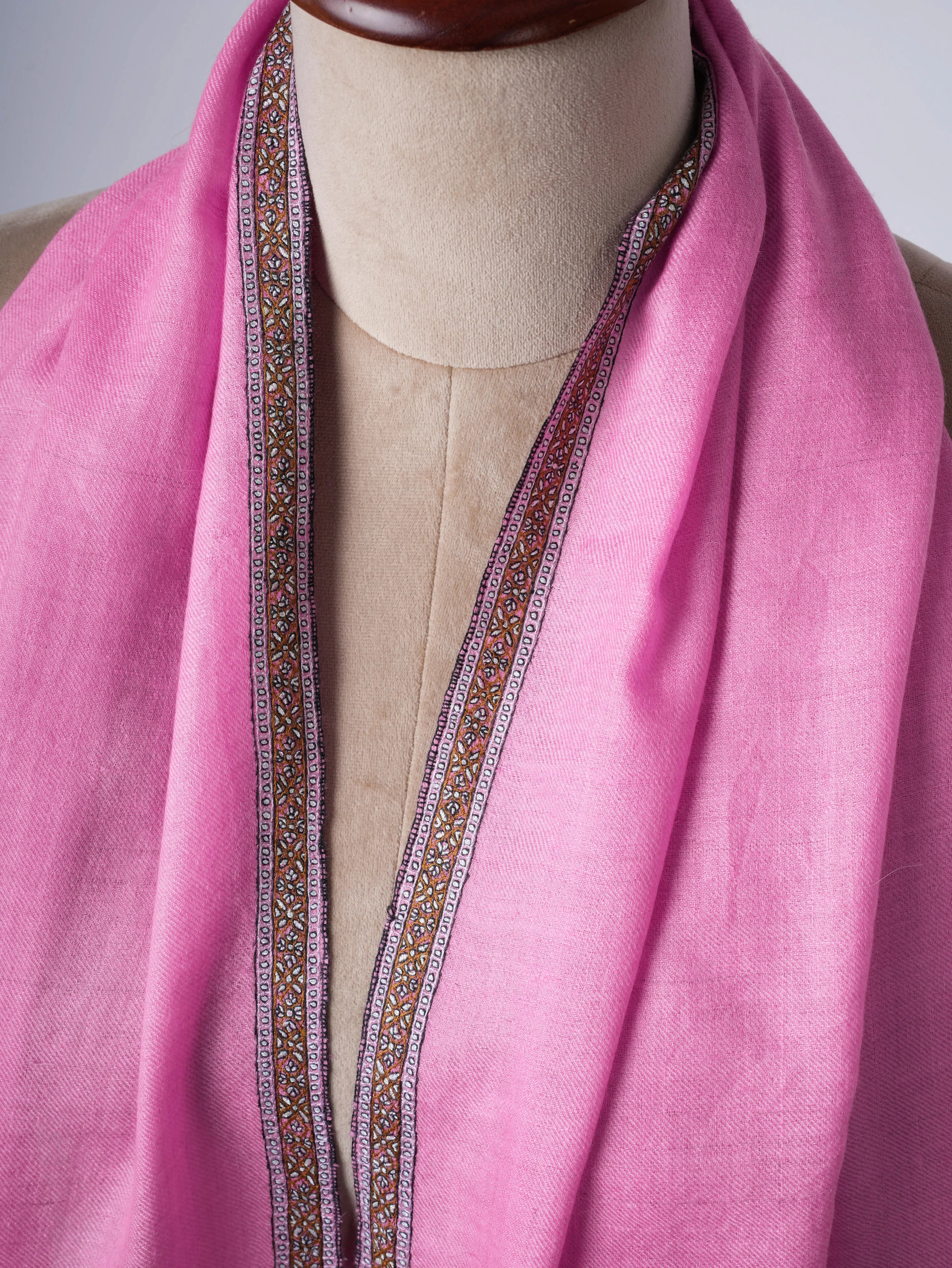 Pink Hashia Border Hand Embroidered Baby Soft Pure Cashmere Scarf Shahkaar