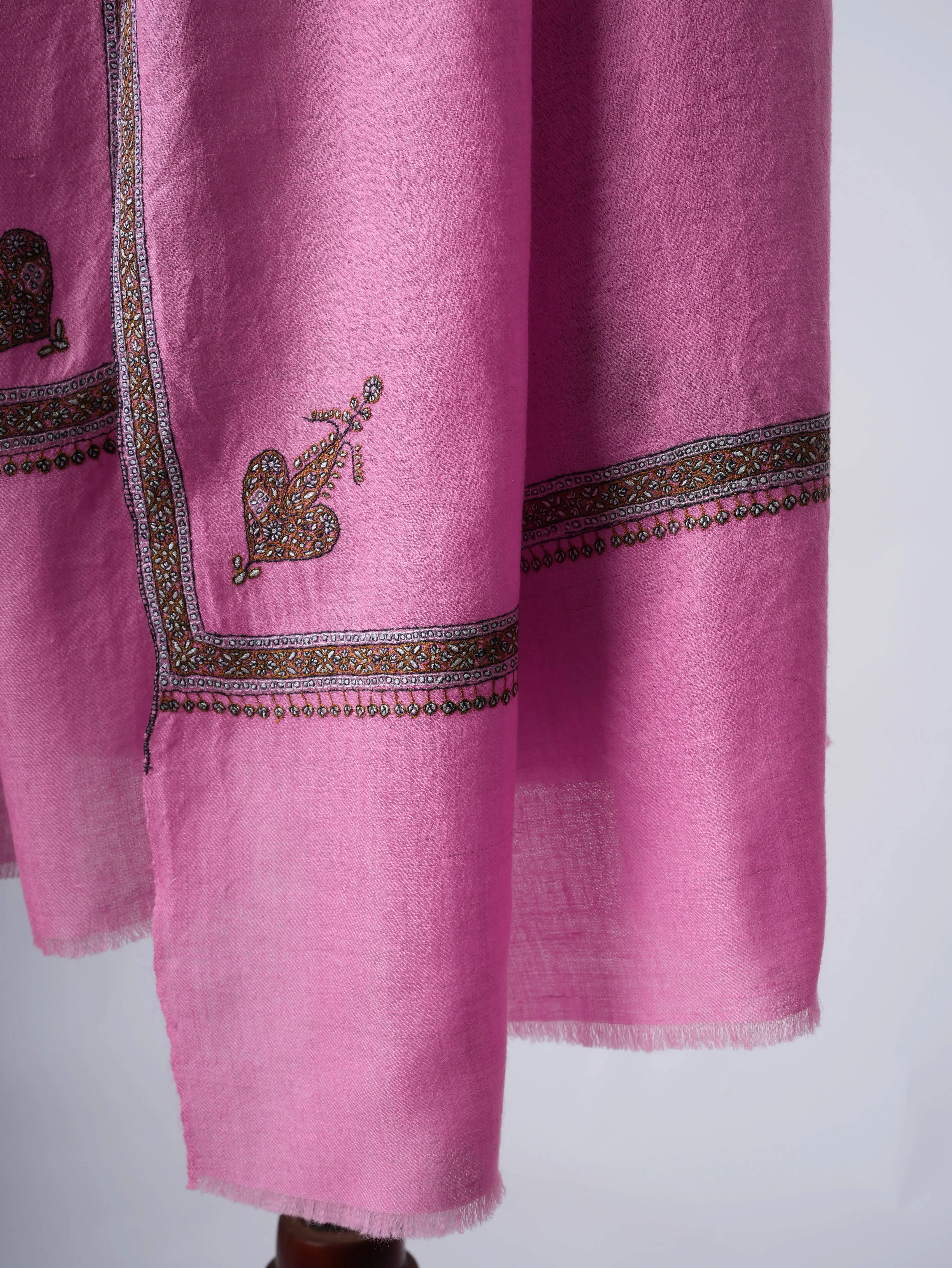 Pink Hashia Border Hand Embroidered Baby Soft Pure Cashmere Scarf Shahkaar