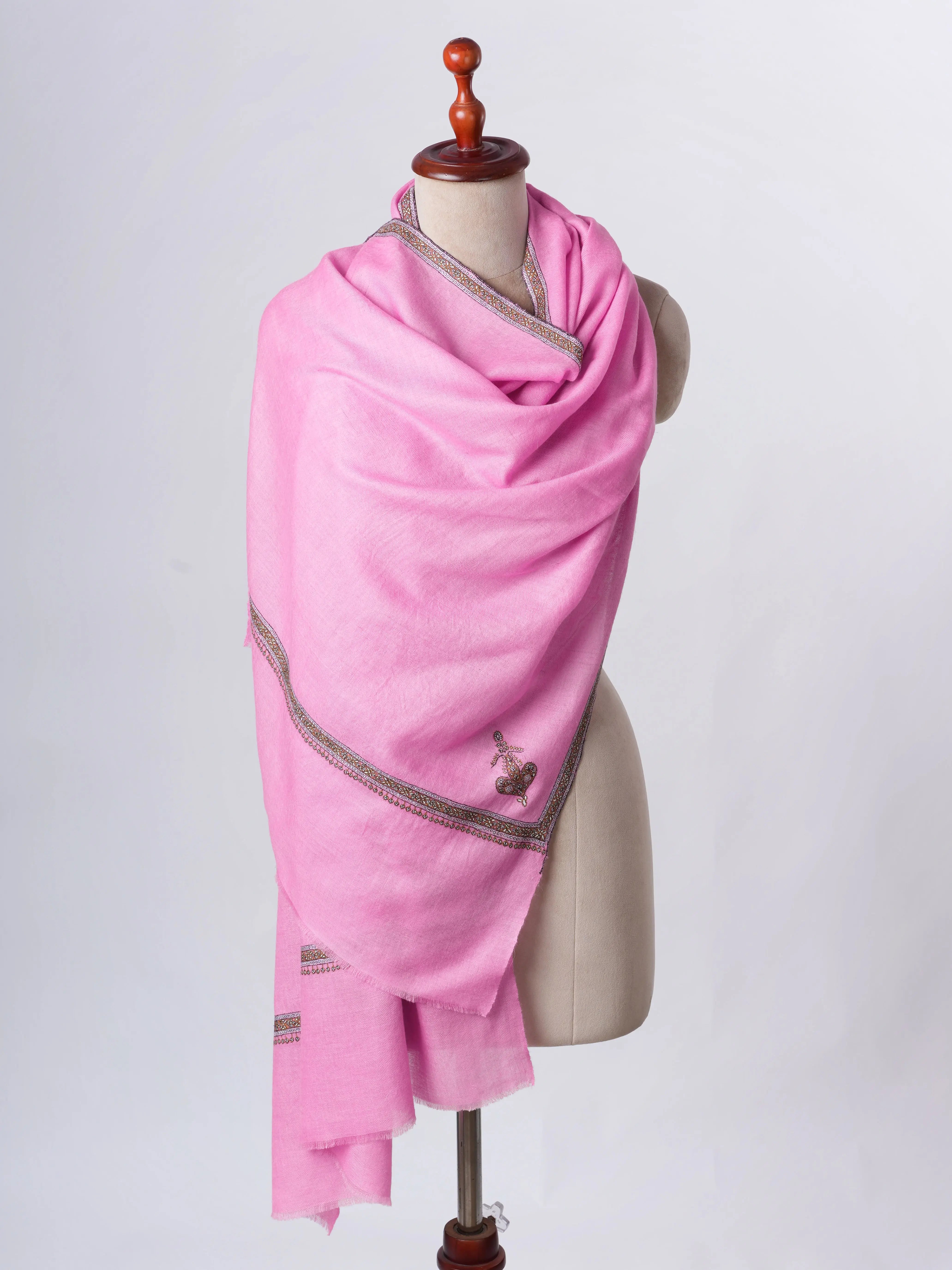 Pink Hashia Border Hand Embroidered Baby Soft Pure Cashmere Scarf Shahkaar