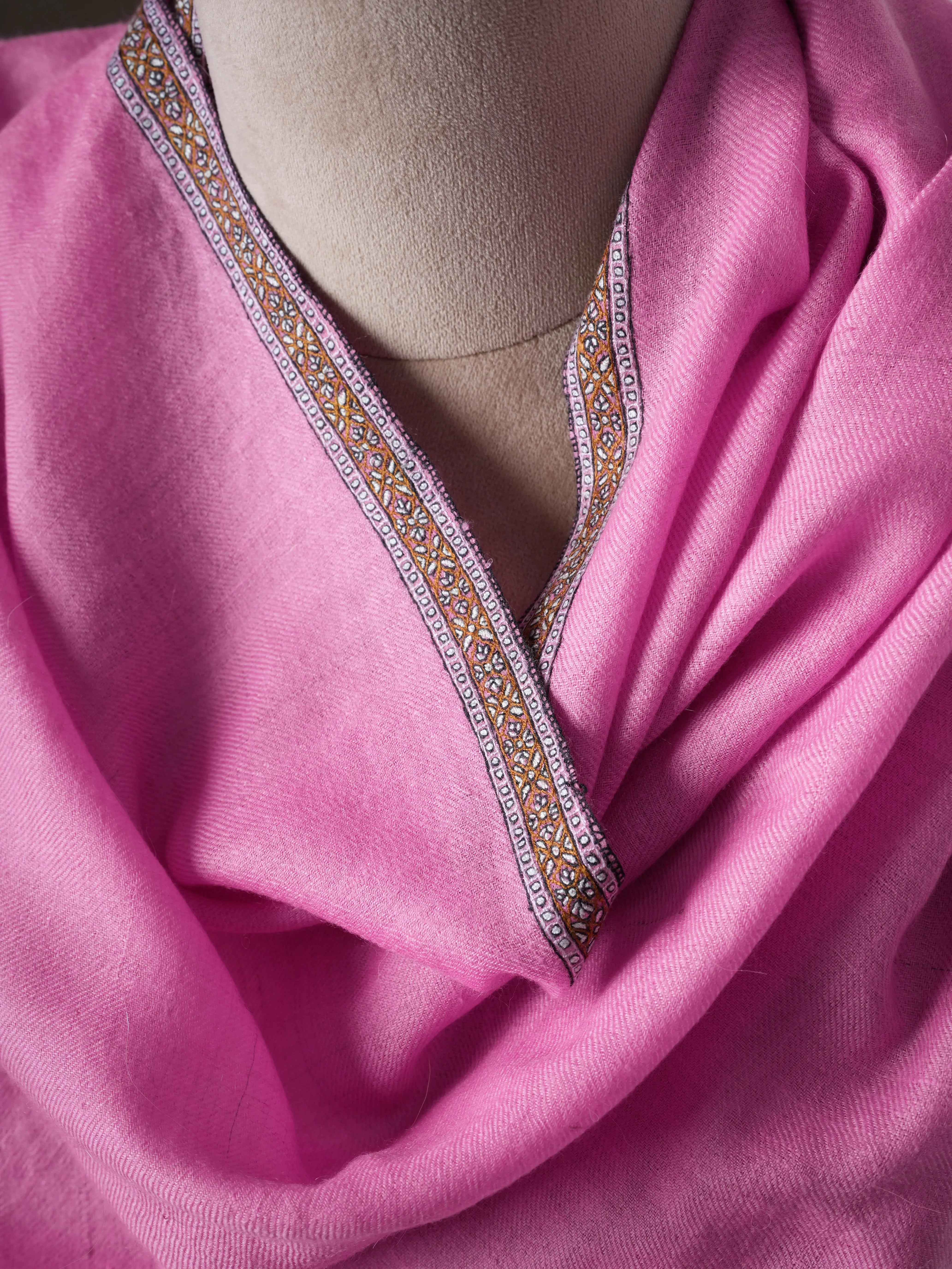 Pink Hashia Border Hand Embroidered Baby Soft Pure Cashmere Scarf Shahkaar