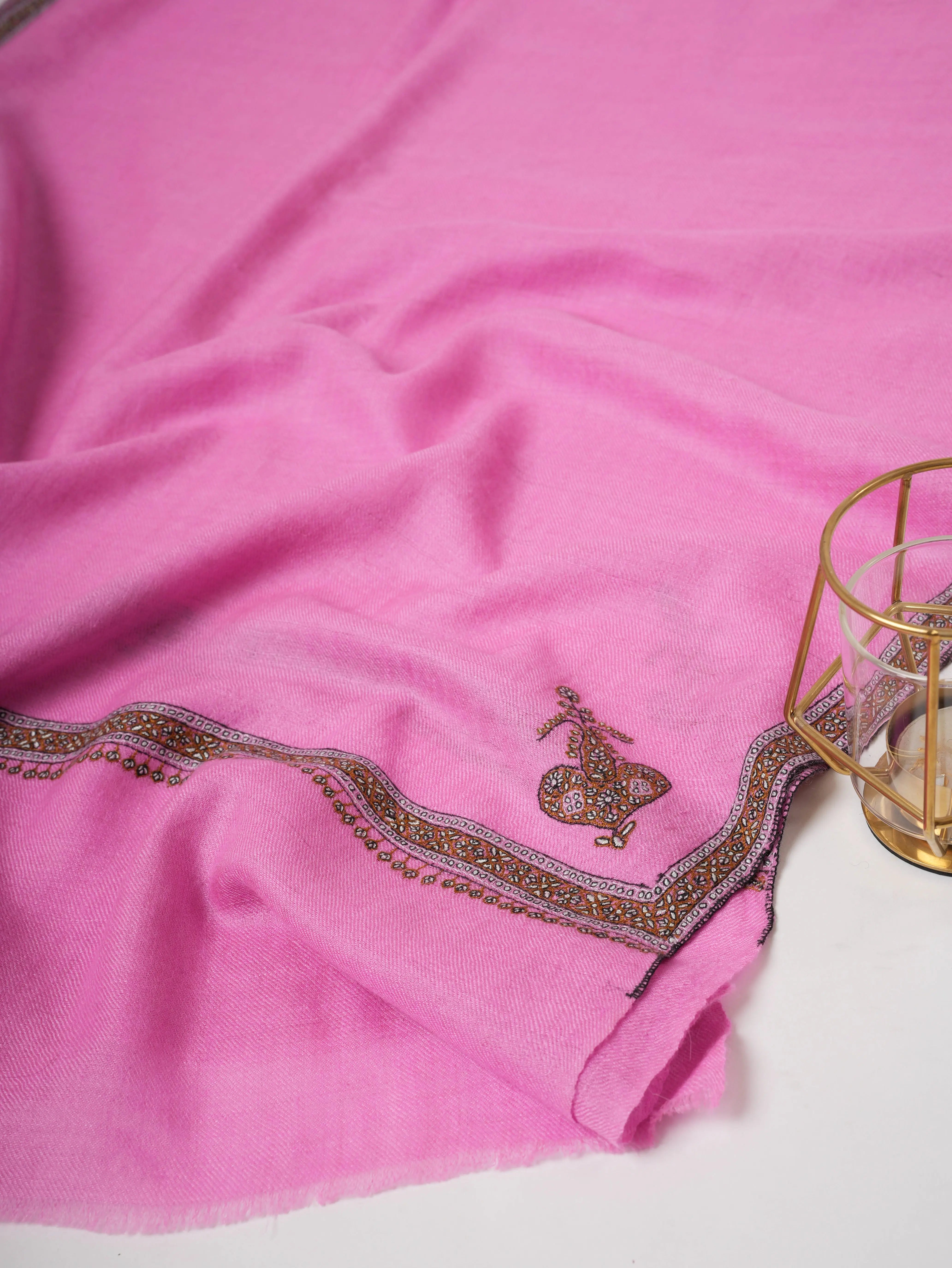 Pink Hashia Border Hand Embroidered Baby Soft Pure Cashmere Scarf Shahkaar