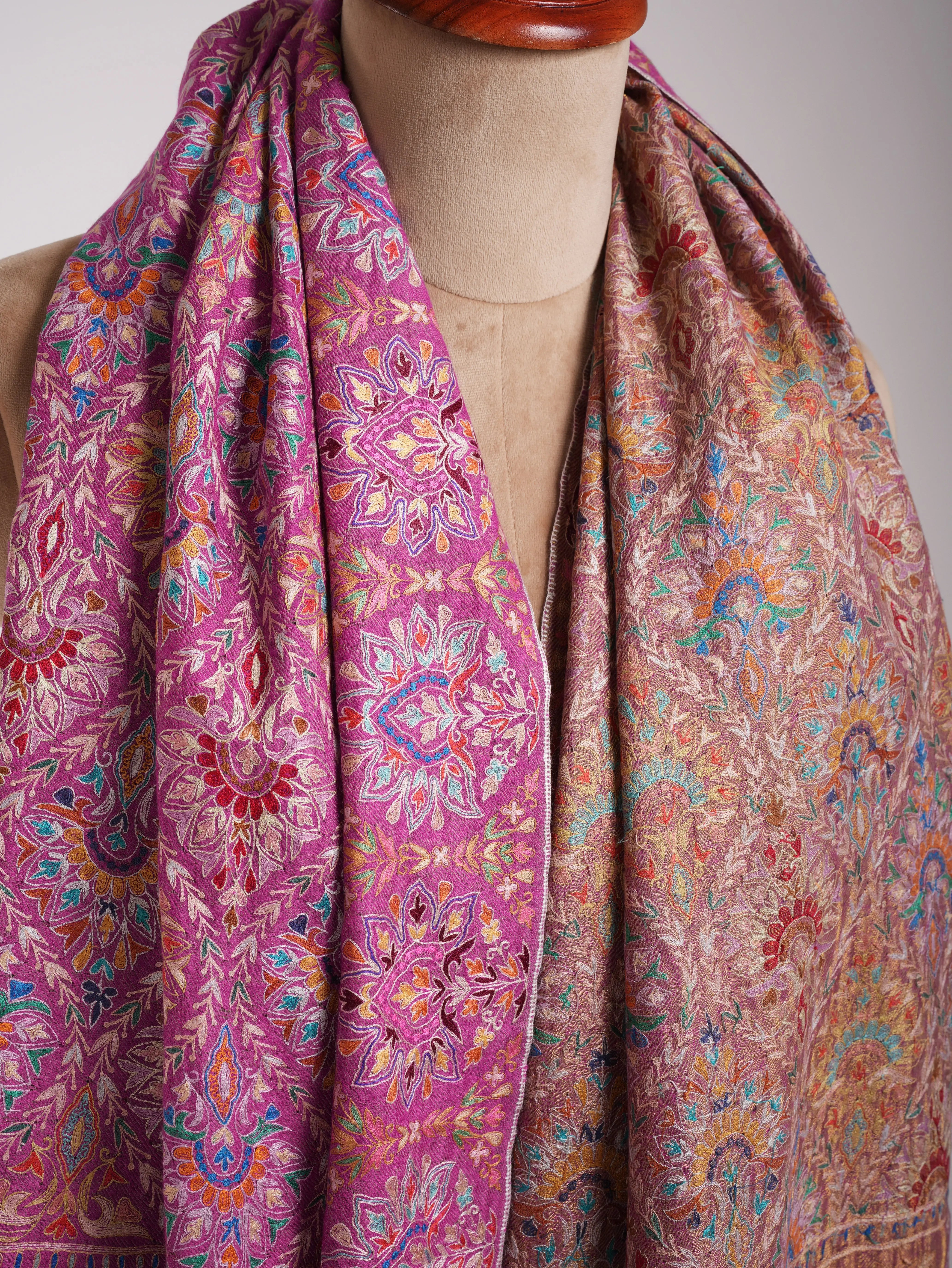 Pink and Gold Fusion Dorukha Hand Embroidered Pashmina Shawl Shahkaar