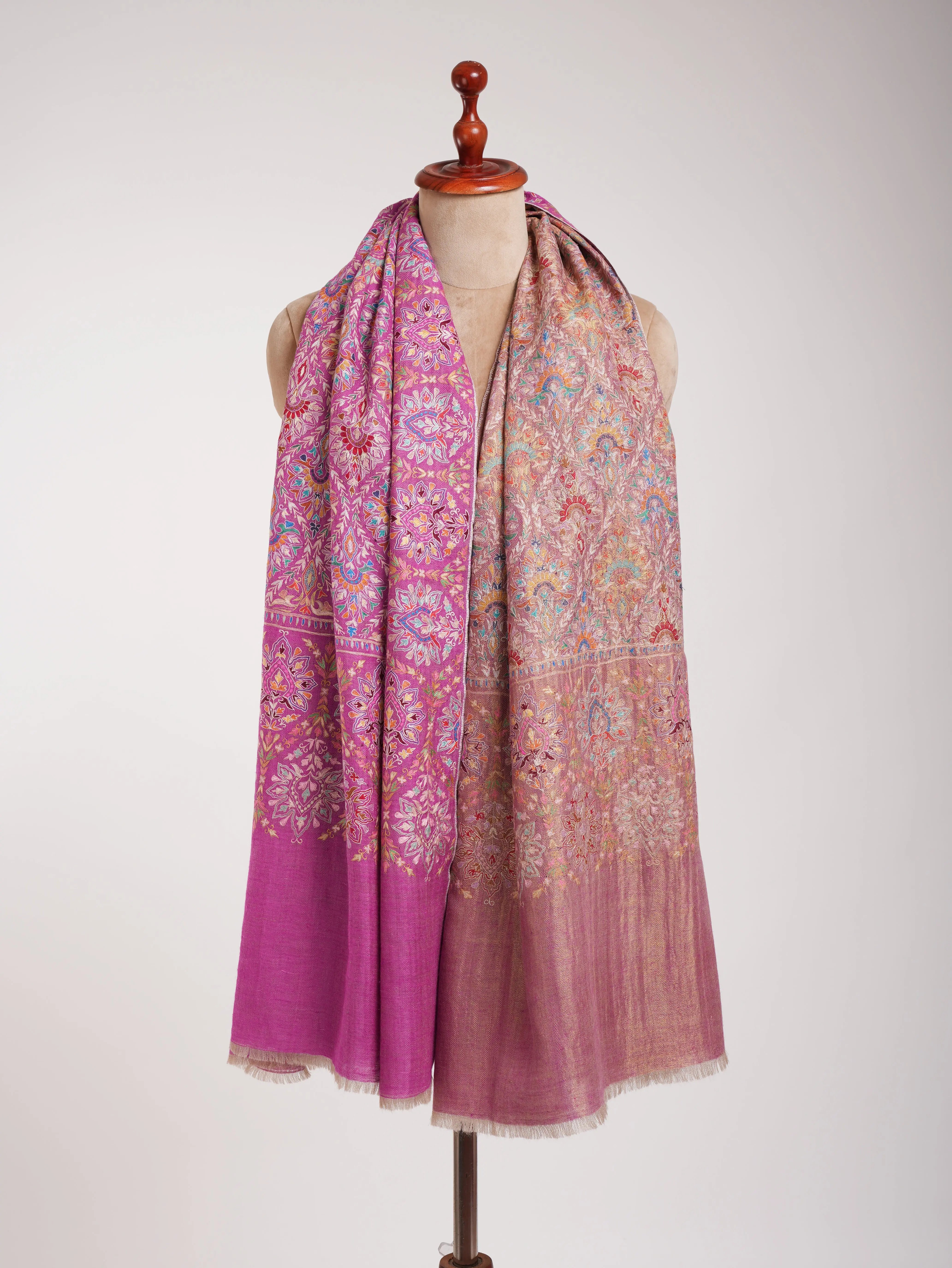Pink and Gold Fusion Dorukha Hand Embroidered Pashmina Shawl Shahkaar