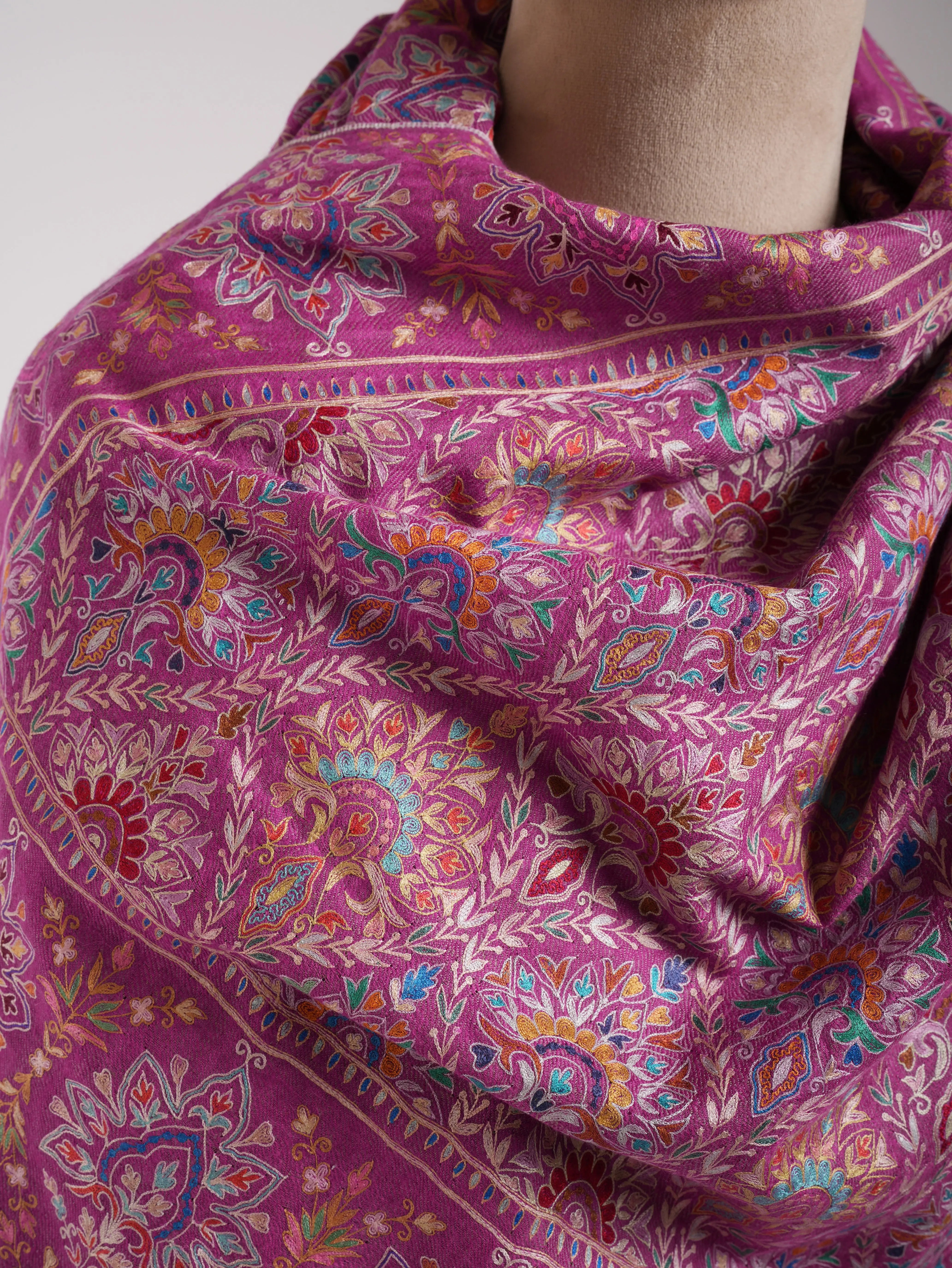 Pink and Gold Fusion Dorukha Hand Embroidered Pashmina Shawl Shahkaar