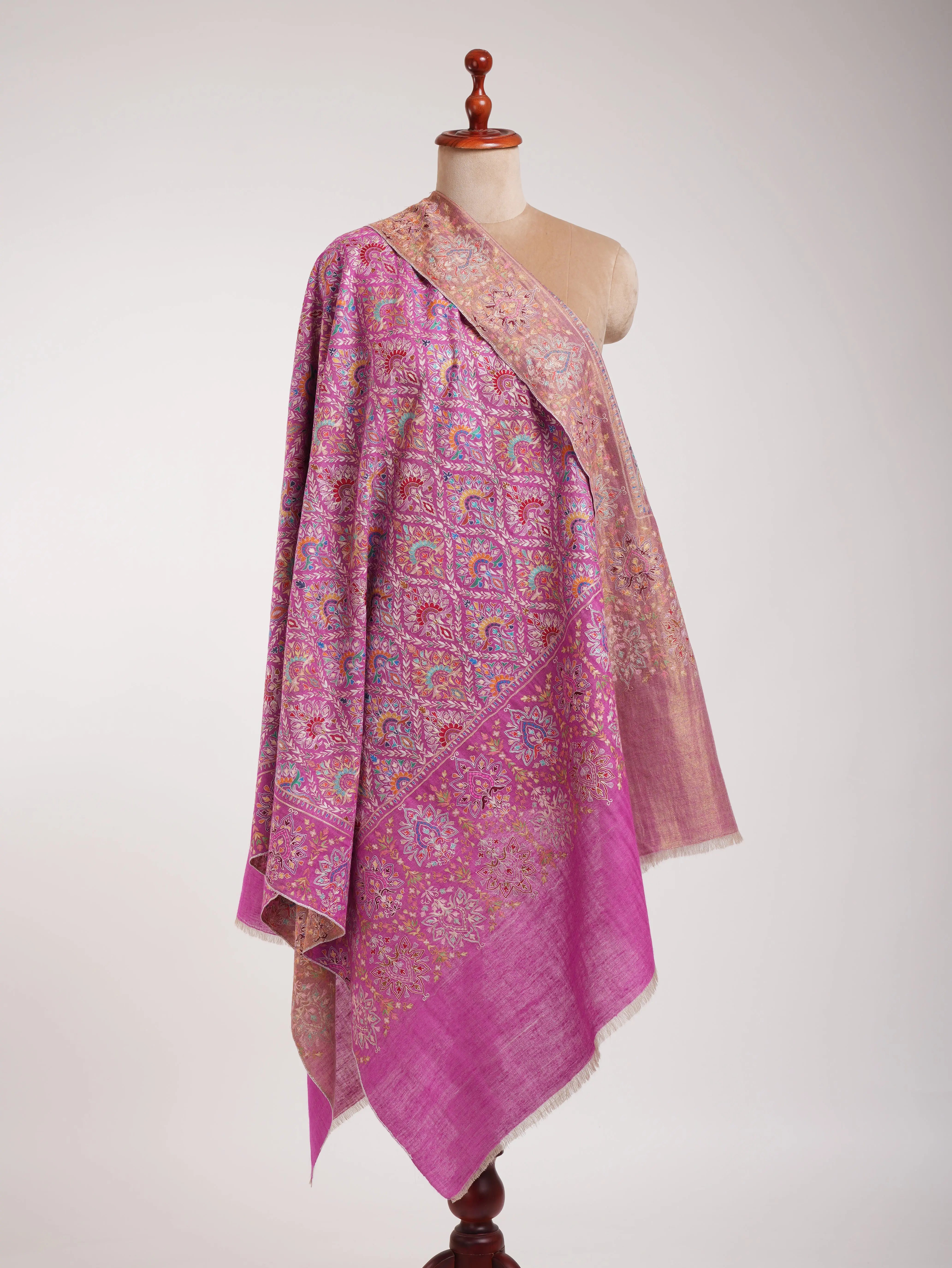 Pink and Gold Fusion Dorukha Hand Embroidered Pashmina Shawl Shahkaar