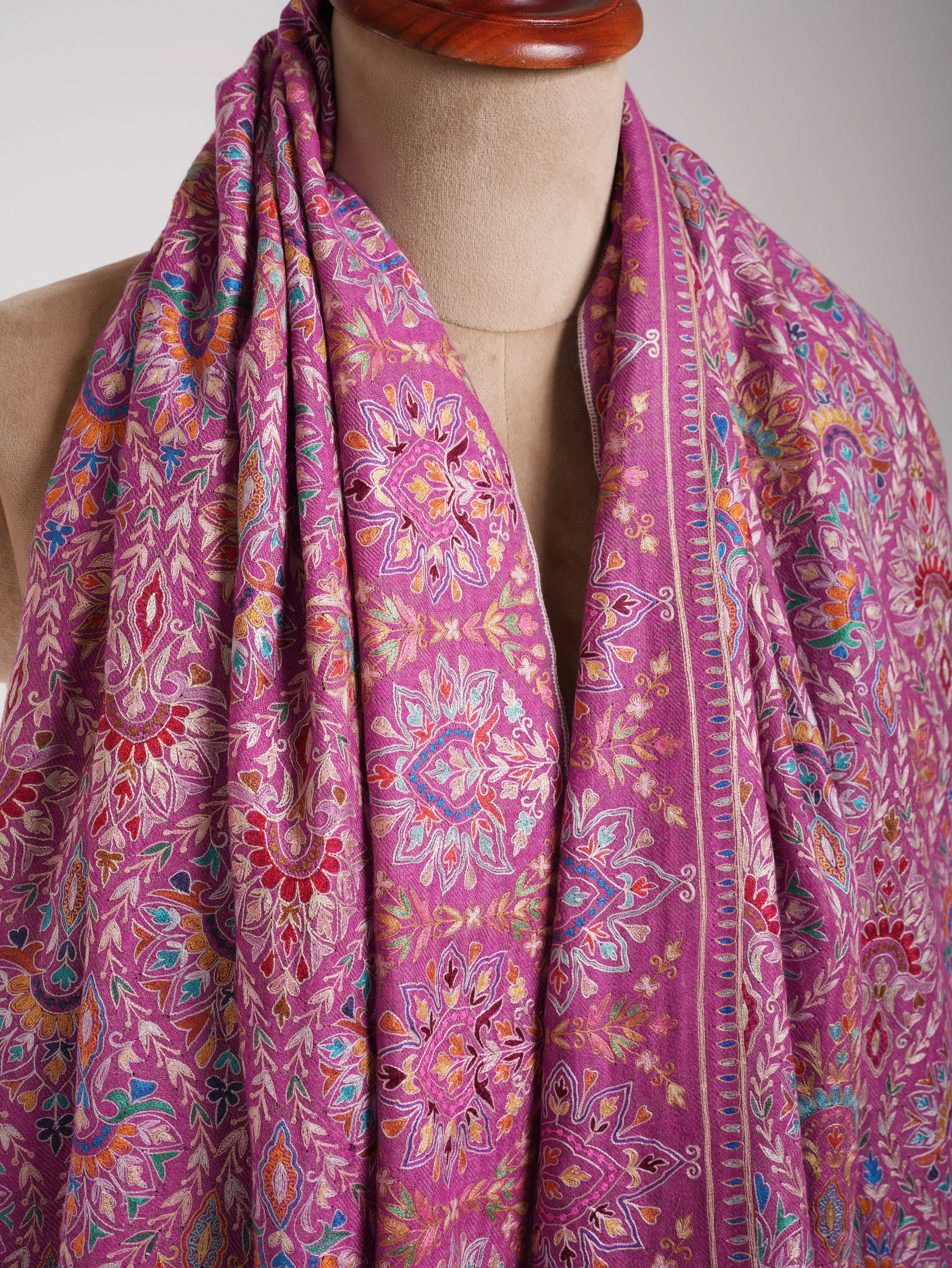 Pink and Gold Fusion Dorukha Hand Embroidered Pashmina Shawl Shahkaar