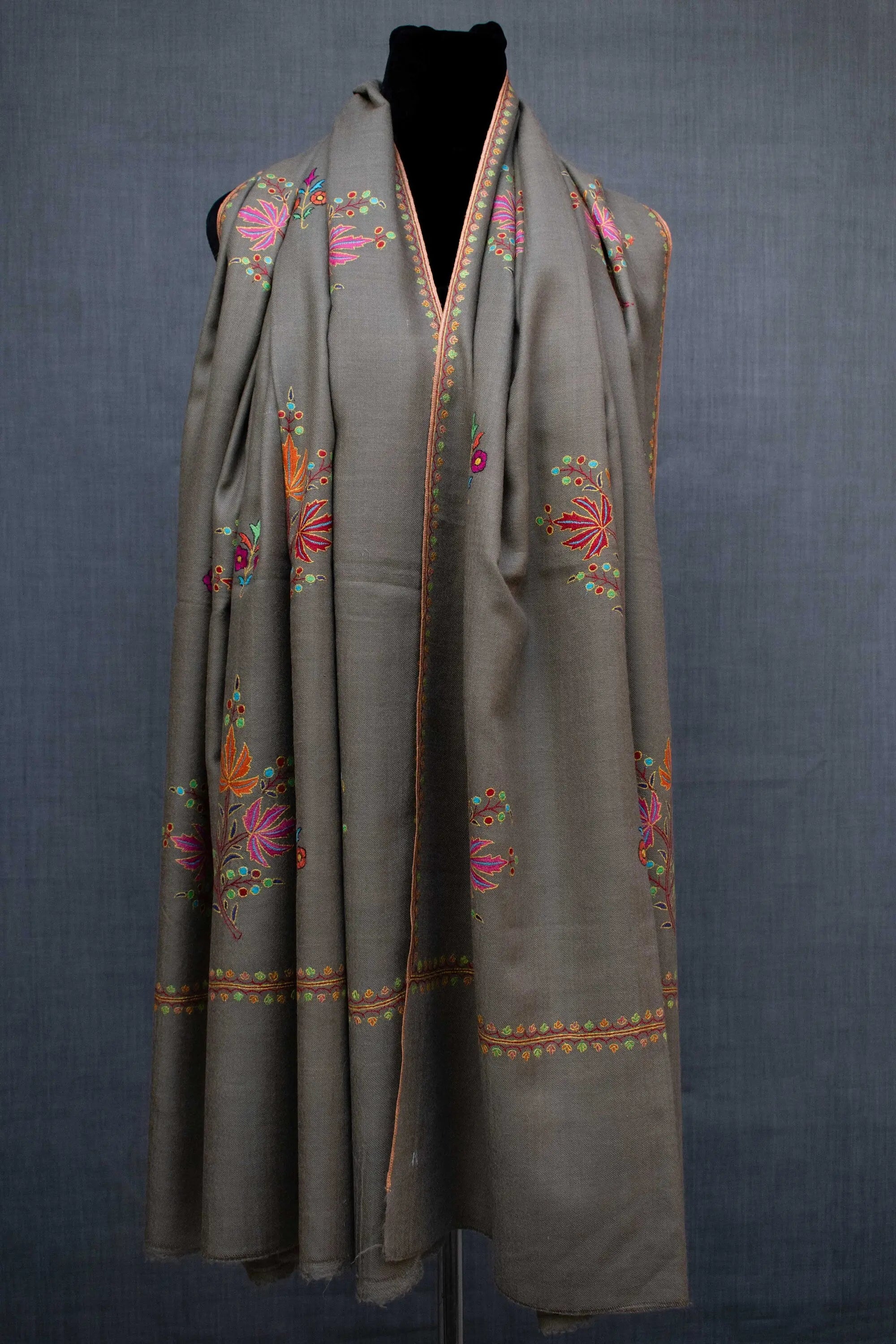Pure Pashmina Floral Paper Machie Hand Embroidery Scarf Shawl Wrap, Handwoven, Made in Kashmir Shahkaar