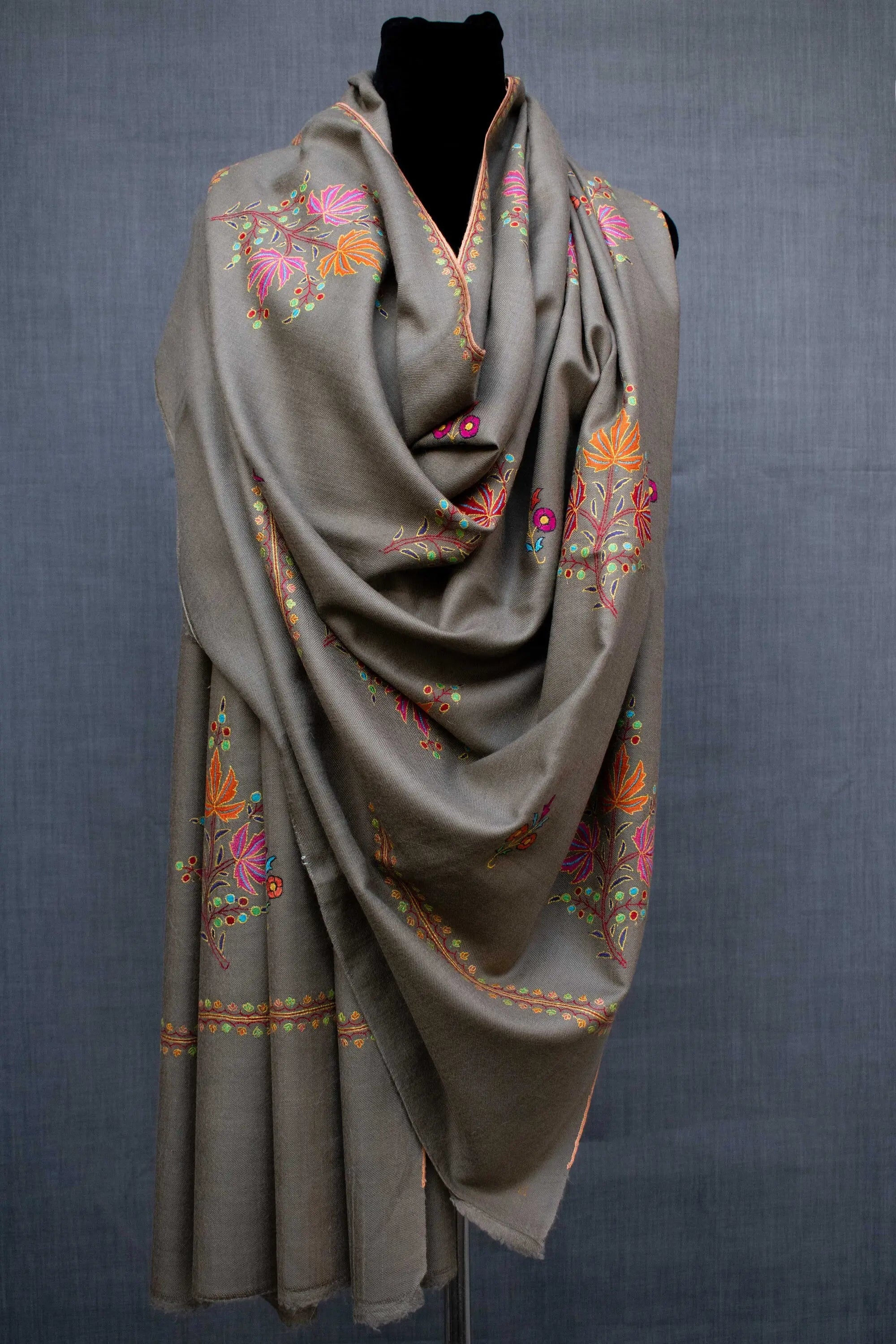 Pure Pashmina Floral Paper Machie Hand Embroidery Scarf Shawl Wrap, Handwoven, Made in Kashmir Shahkaar