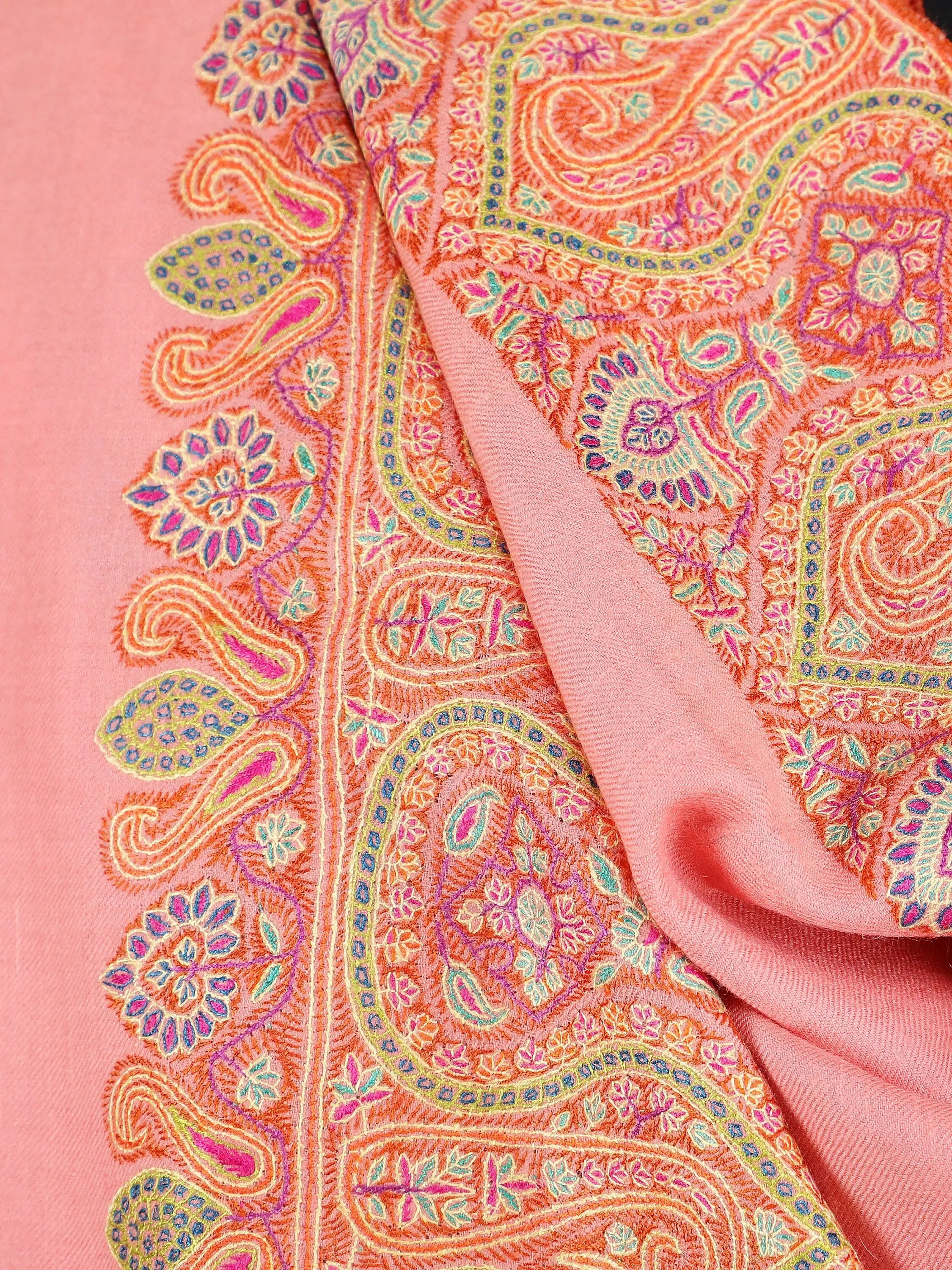 Pure Pashmina Shawl in Peach Color | Hand Embroided Shahkaar