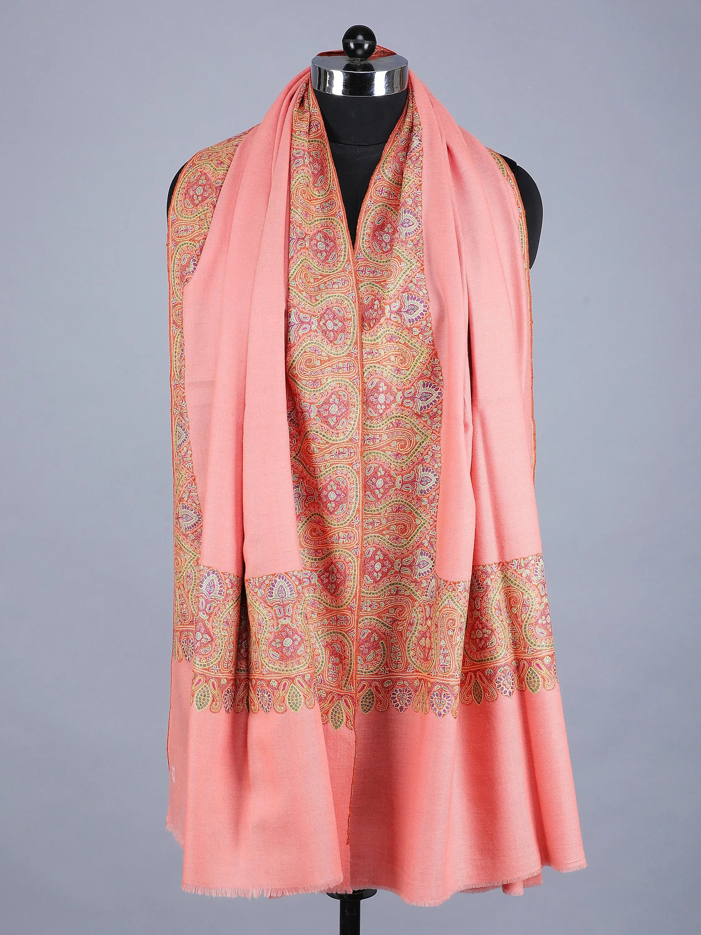 Pure Pashmina Shawl in Peach Color | Hand Embroided Shahkaar