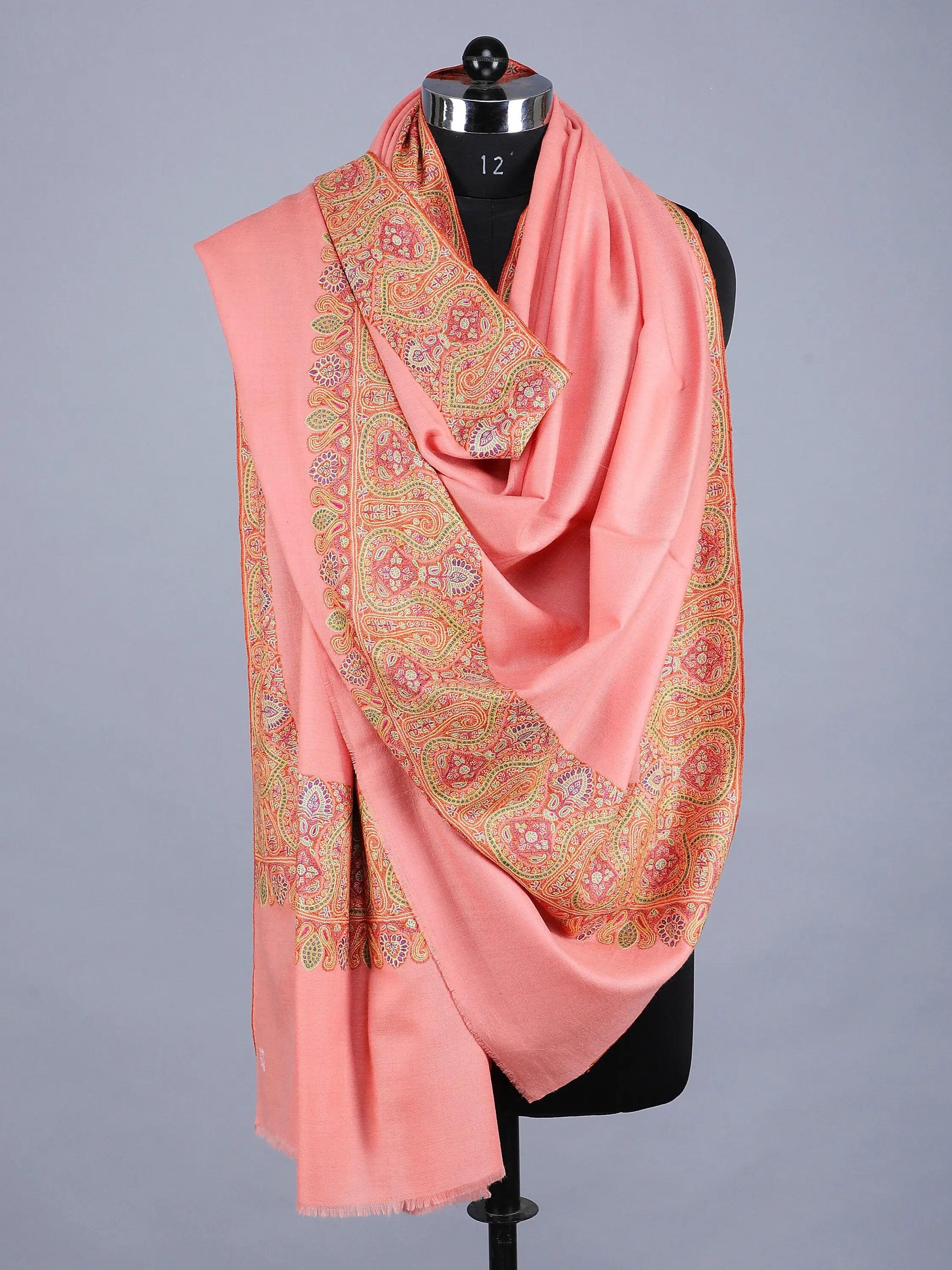 Pure Pashmina Shawl in Peach Color | Hand Embroided Shahkaar