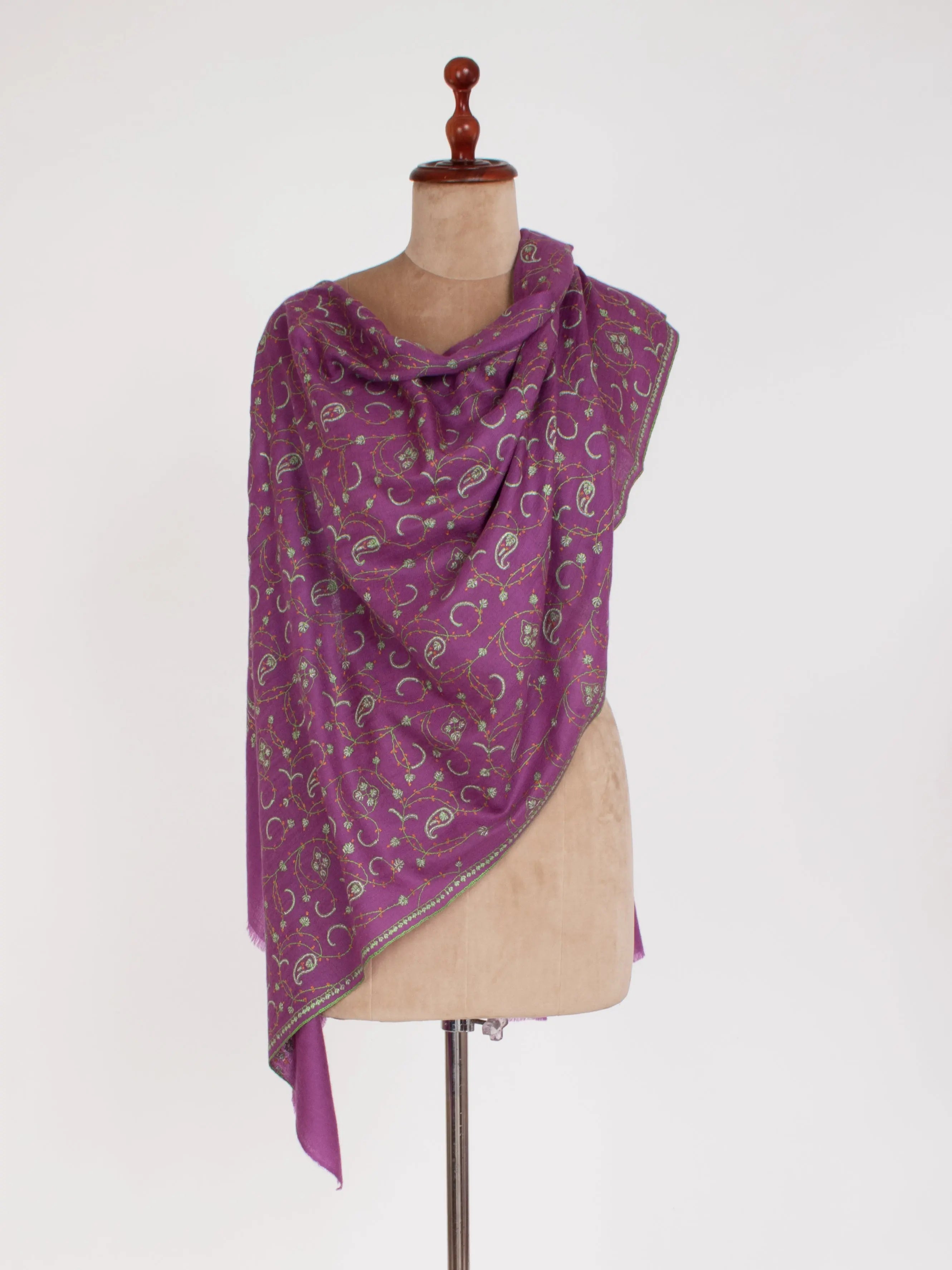 Purple with touch of Green Embroidered Cashmere Scarf Shahkaar