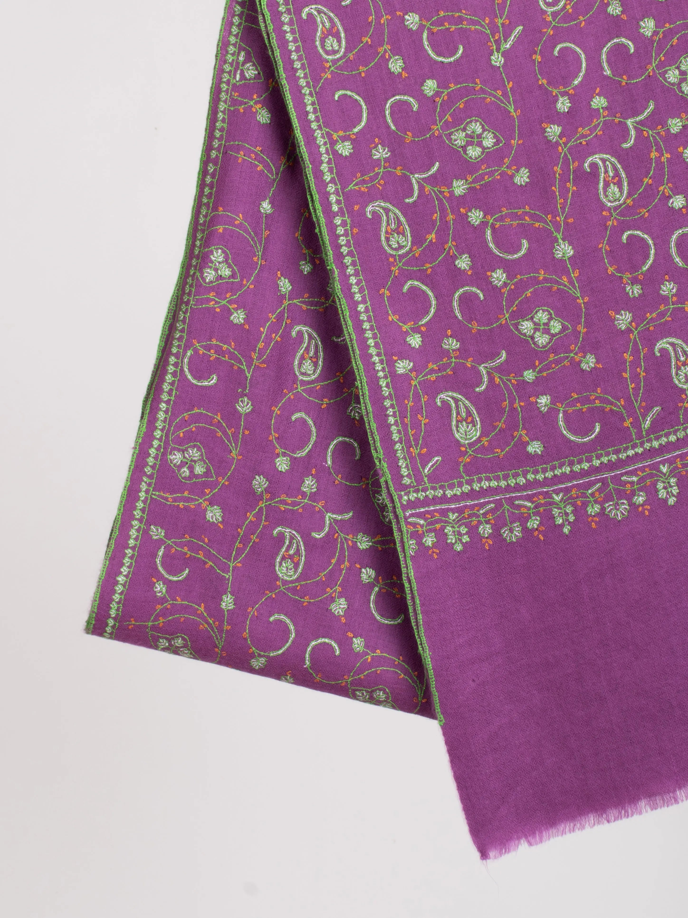 Purple with touch of Green Embroidered Cashmere Scarf Shahkaar