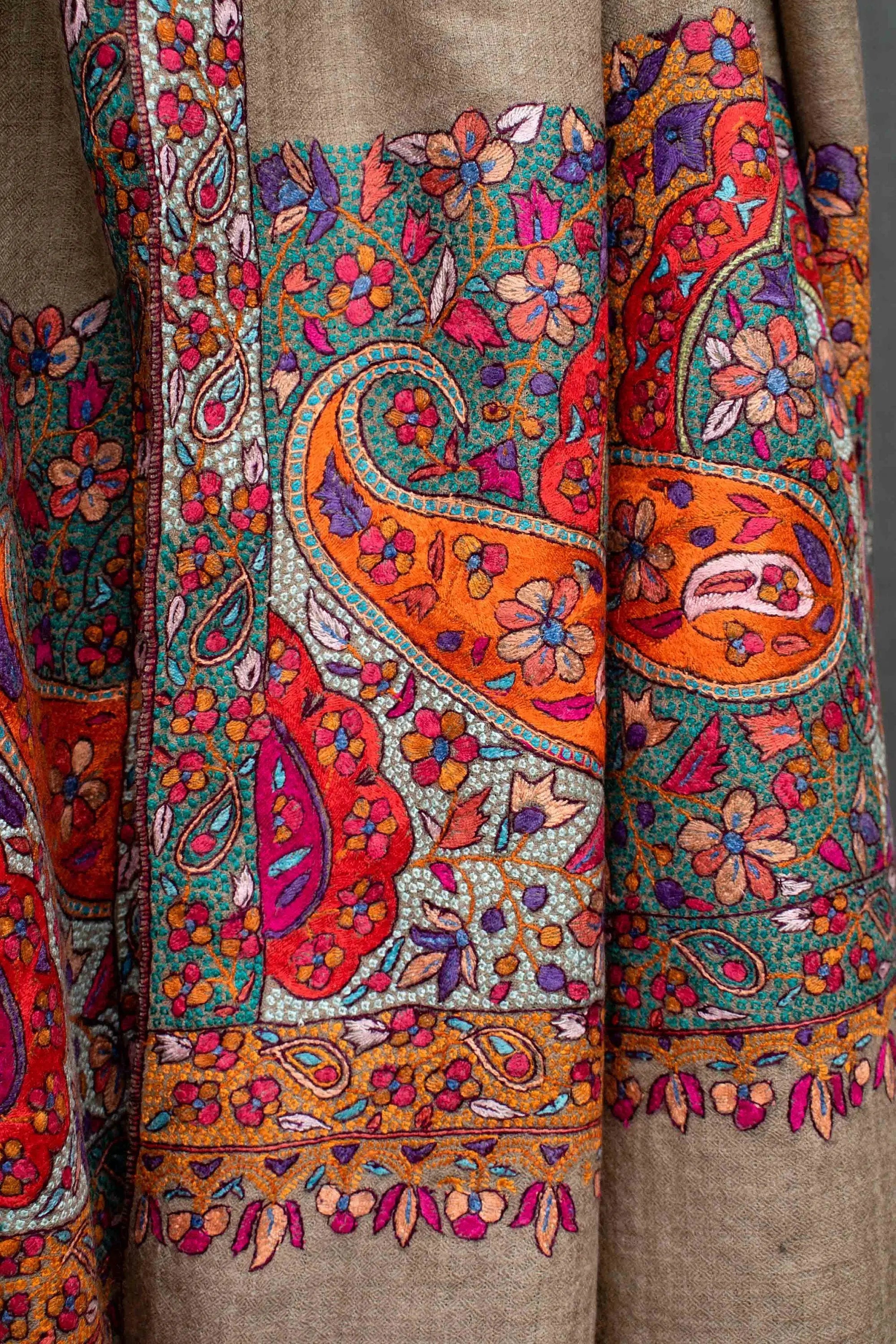 Rangrez Pashmina Shawl, Paper Machie Embroidery, Handmade in Kashmir, 40x80" Shahkaar
