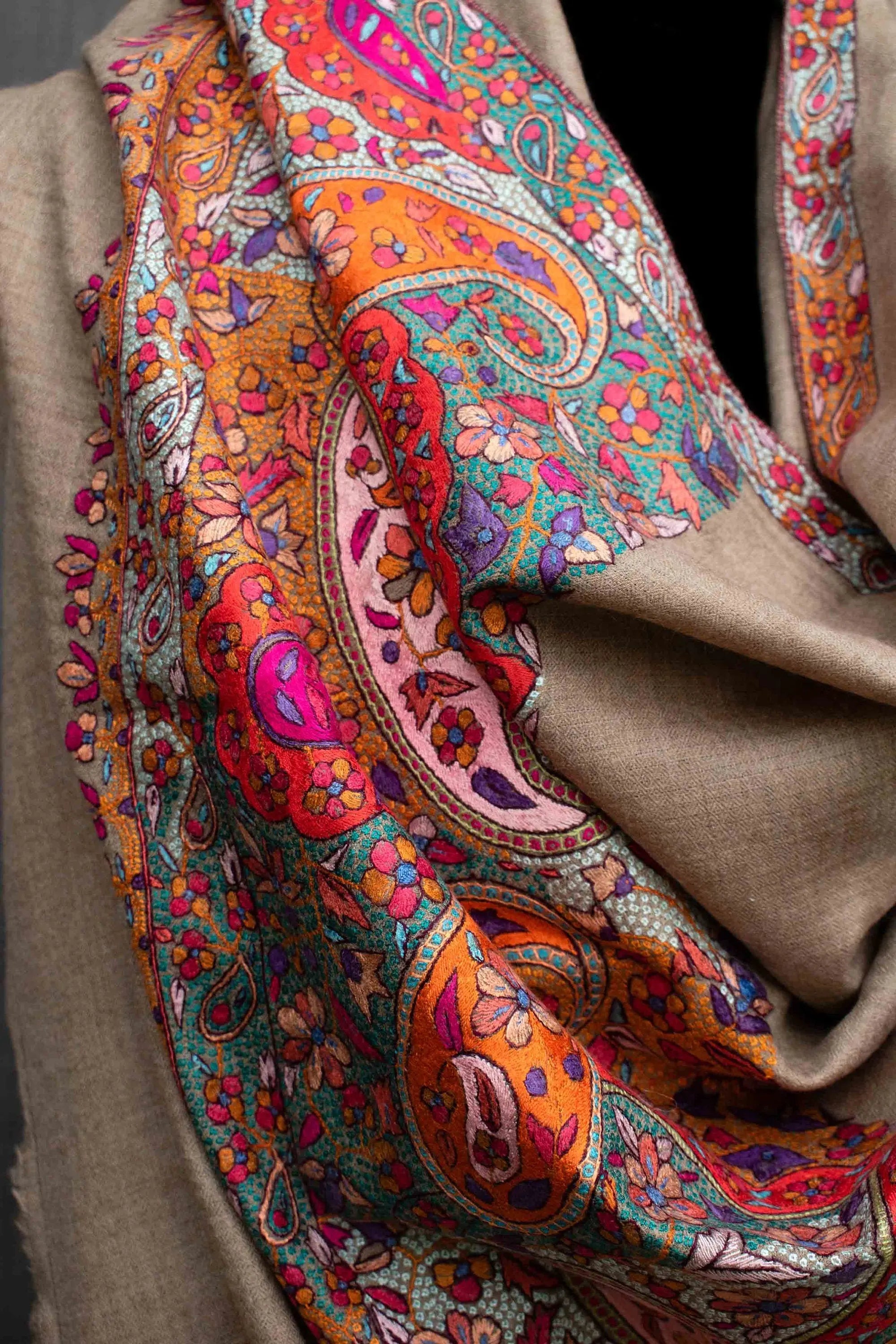 Rangrez Pashmina Shawl, Paper Machie Embroidery, Handmade in Kashmir, 40x80" Shahkaar