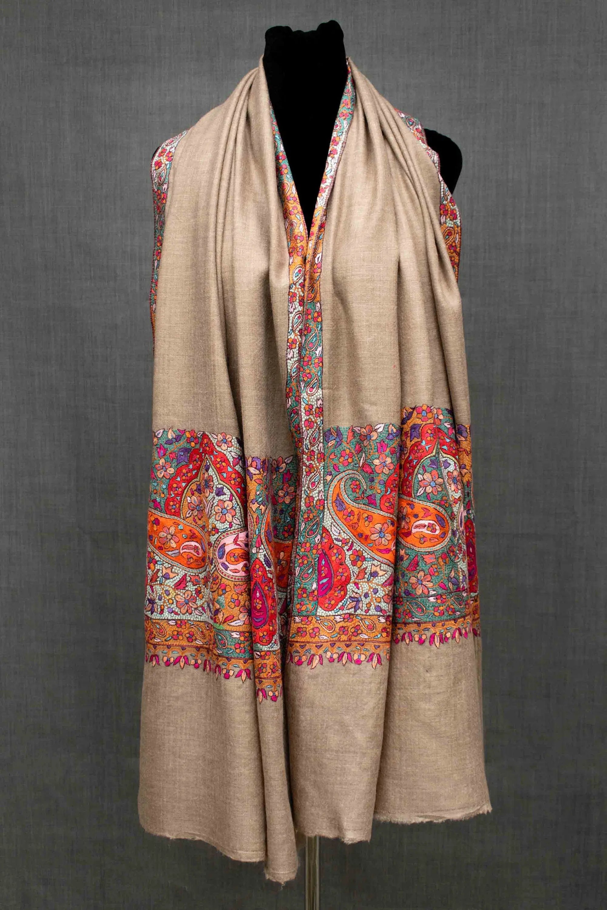 Rangrez Pashmina Shawl, Paper Machie Embroidery, Handmade in Kashmir, 40x80" Shahkaar