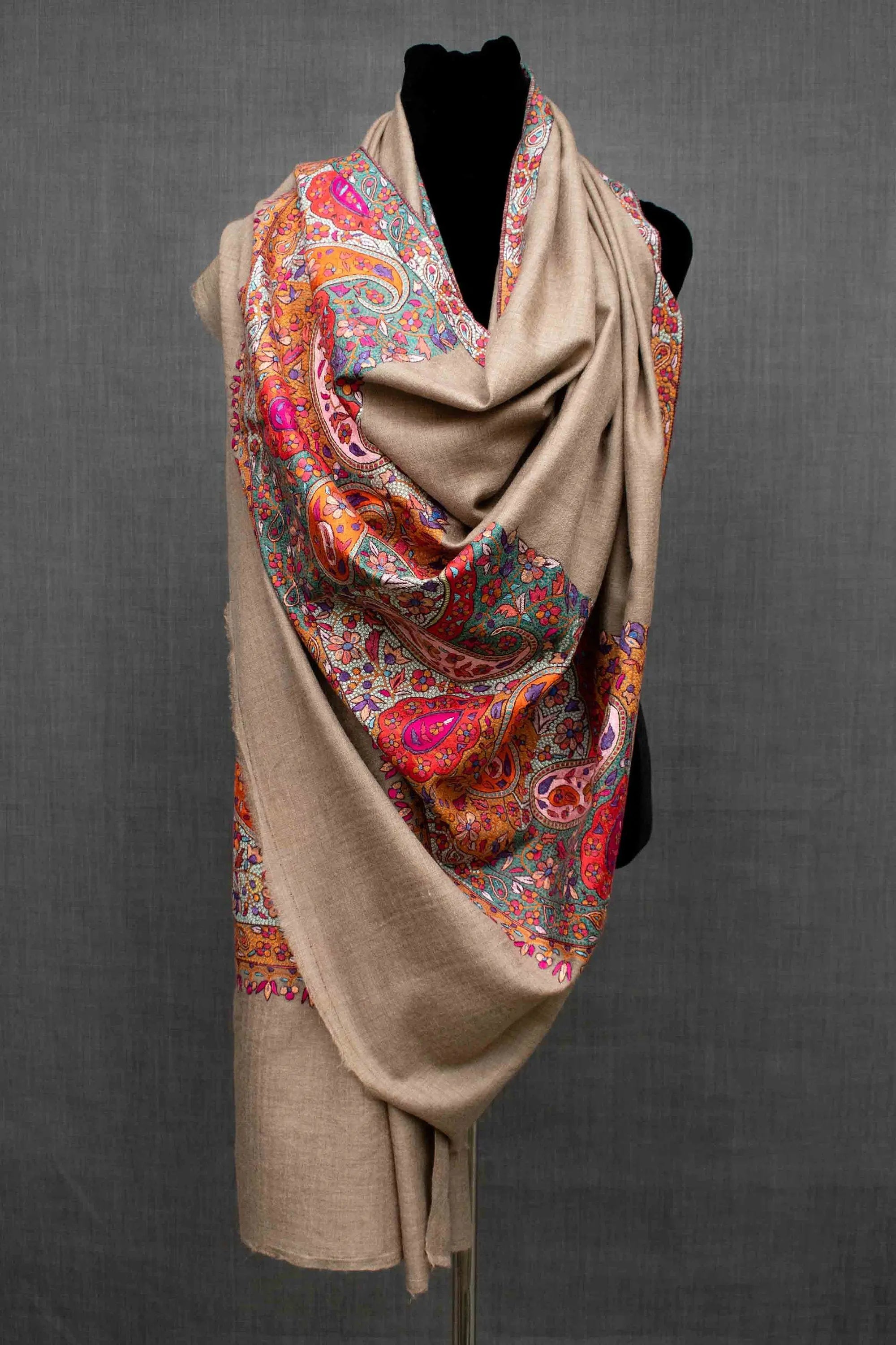 Rangrez Pashmina Shawl, Paper Machie Embroidery, Handmade in Kashmir, 40x80" Shahkaar