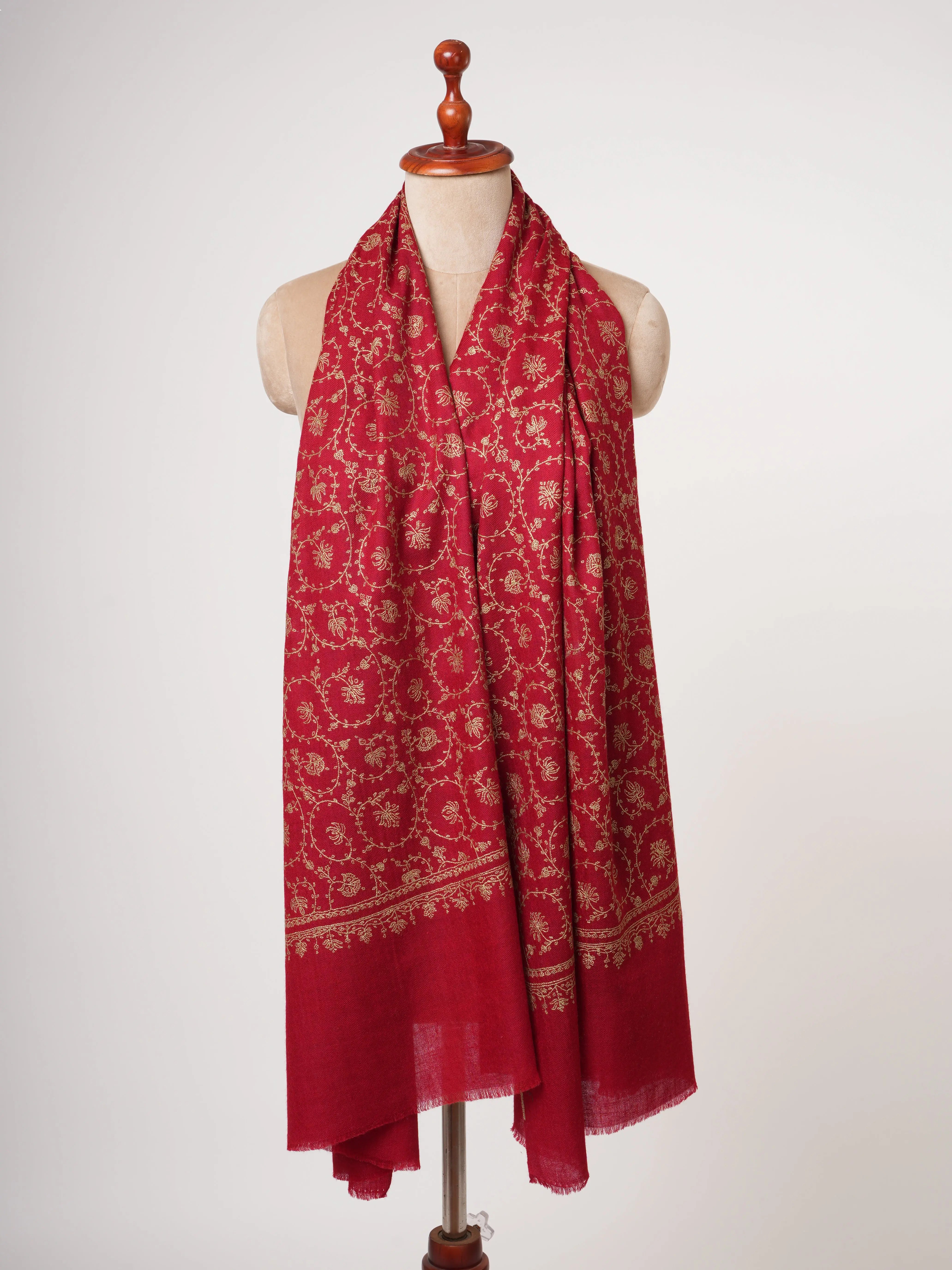 Red Cashmere Scarf with Beige Hand Embroidery Shahkaar