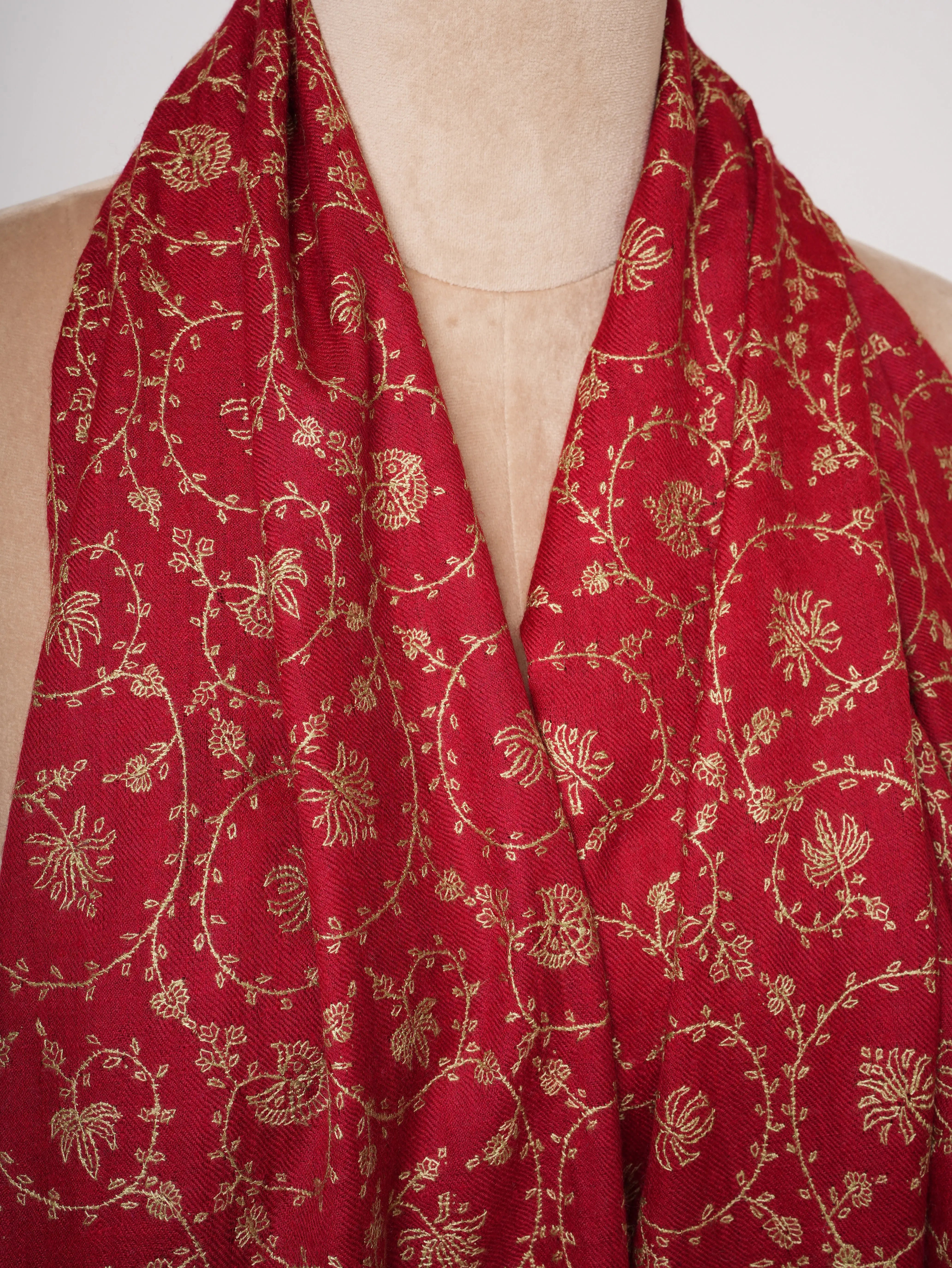 Red Cashmere Scarf with Beige Hand Embroidery Shahkaar