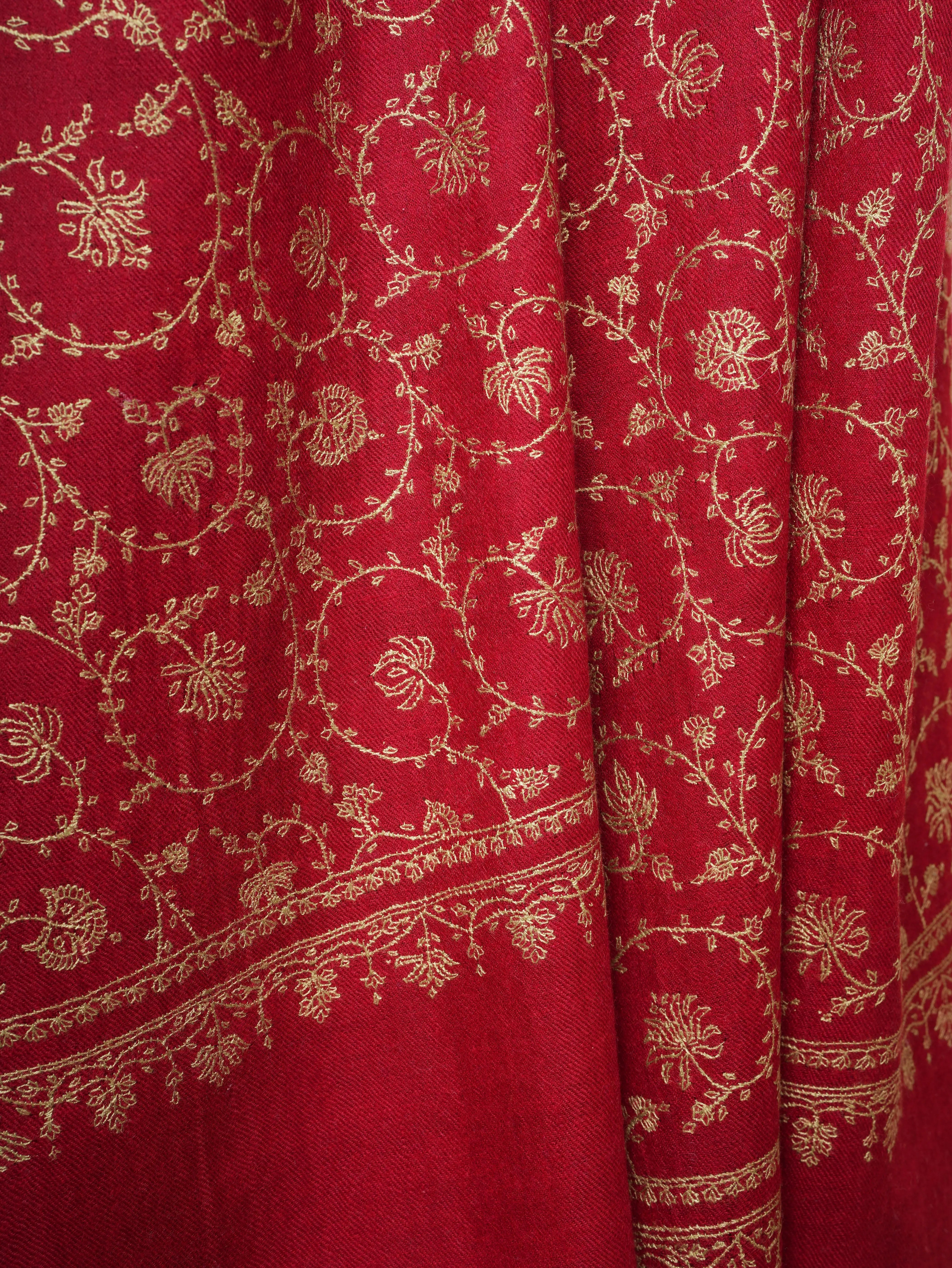 Red Cashmere Scarf with Beige Hand Embroidery Shahkaar
