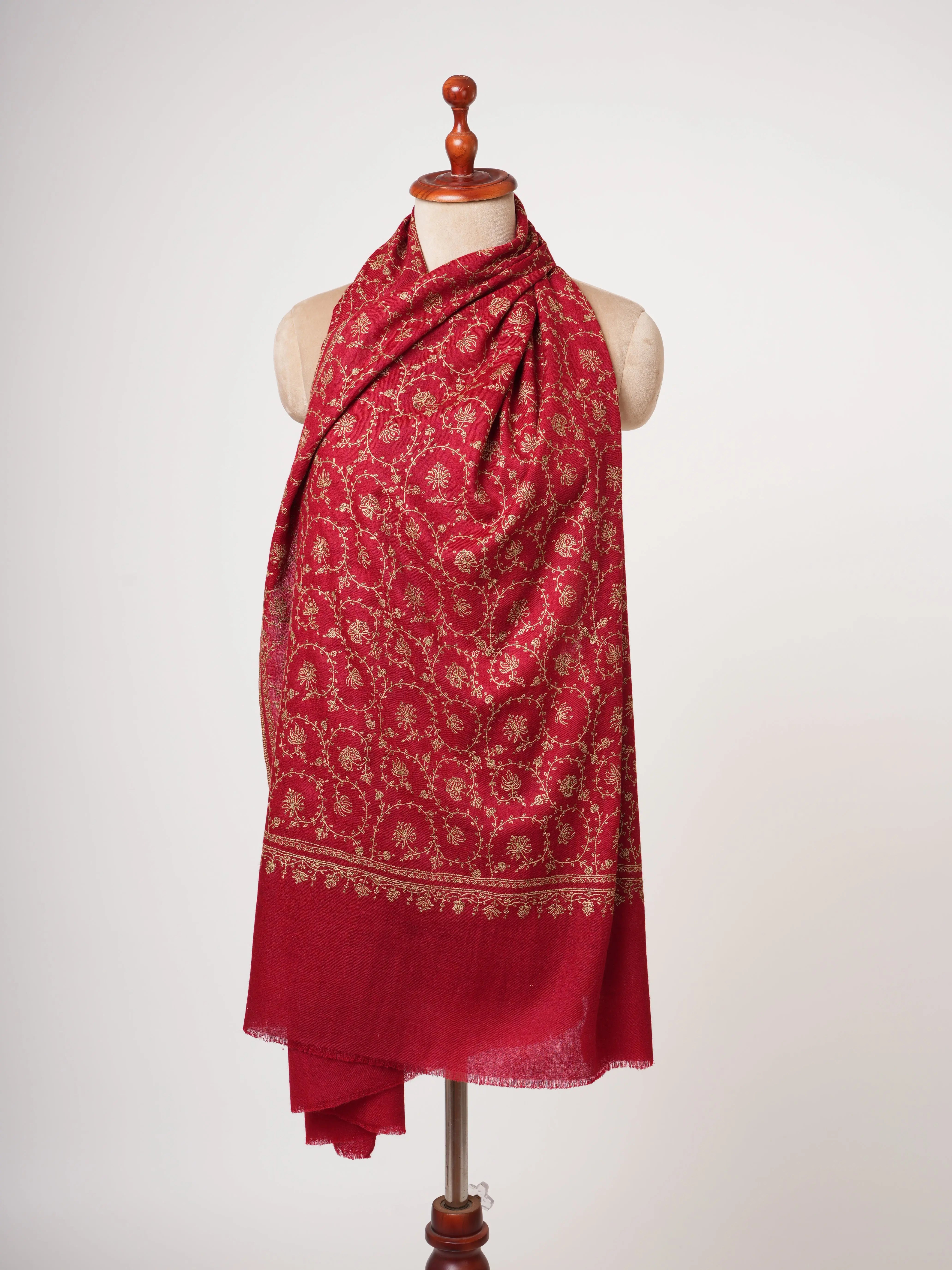 Red Cashmere Scarf with Beige Hand Embroidery Shahkaar