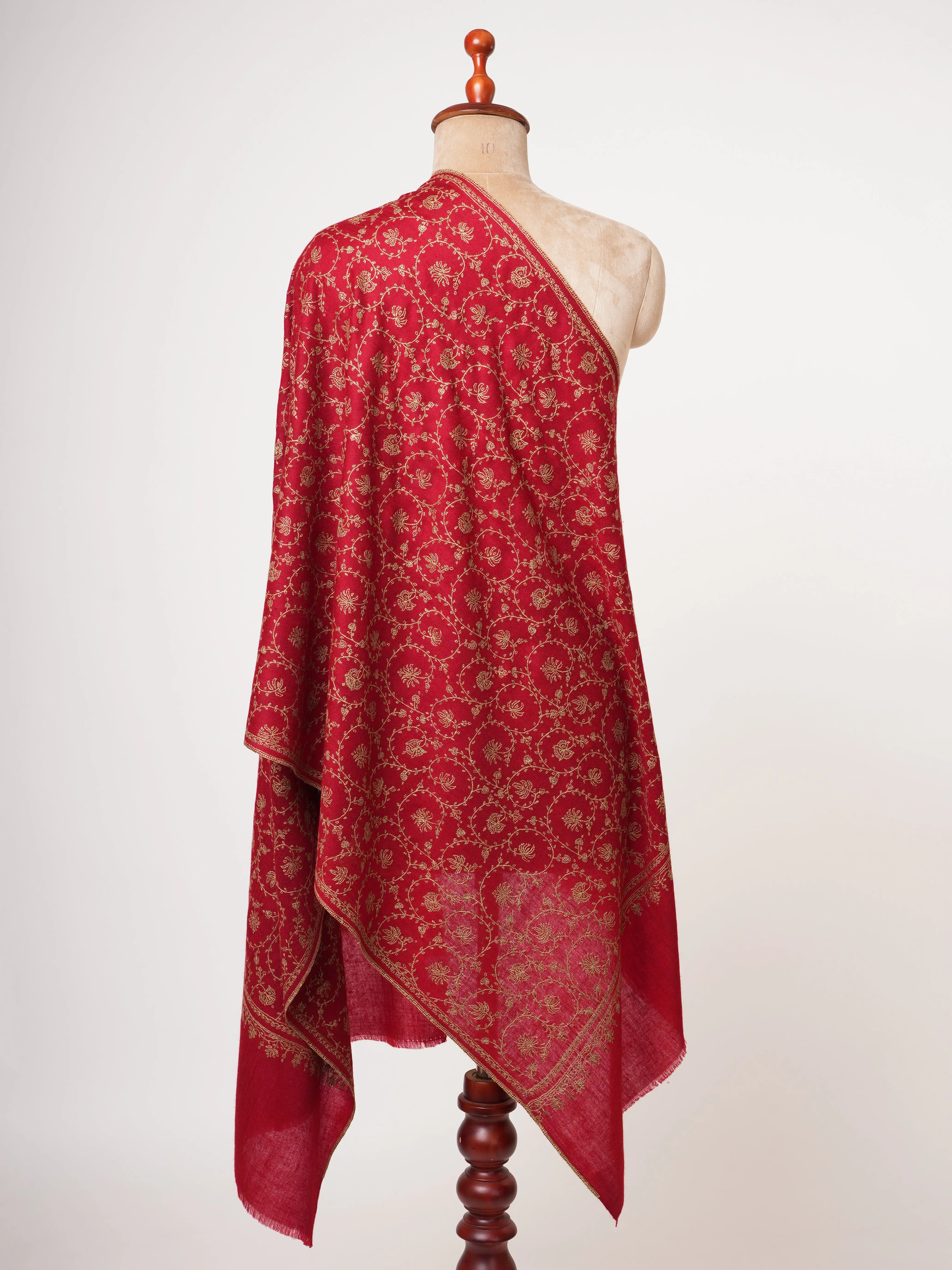 Red Cashmere Scarf with Beige Hand Embroidery Shahkaar