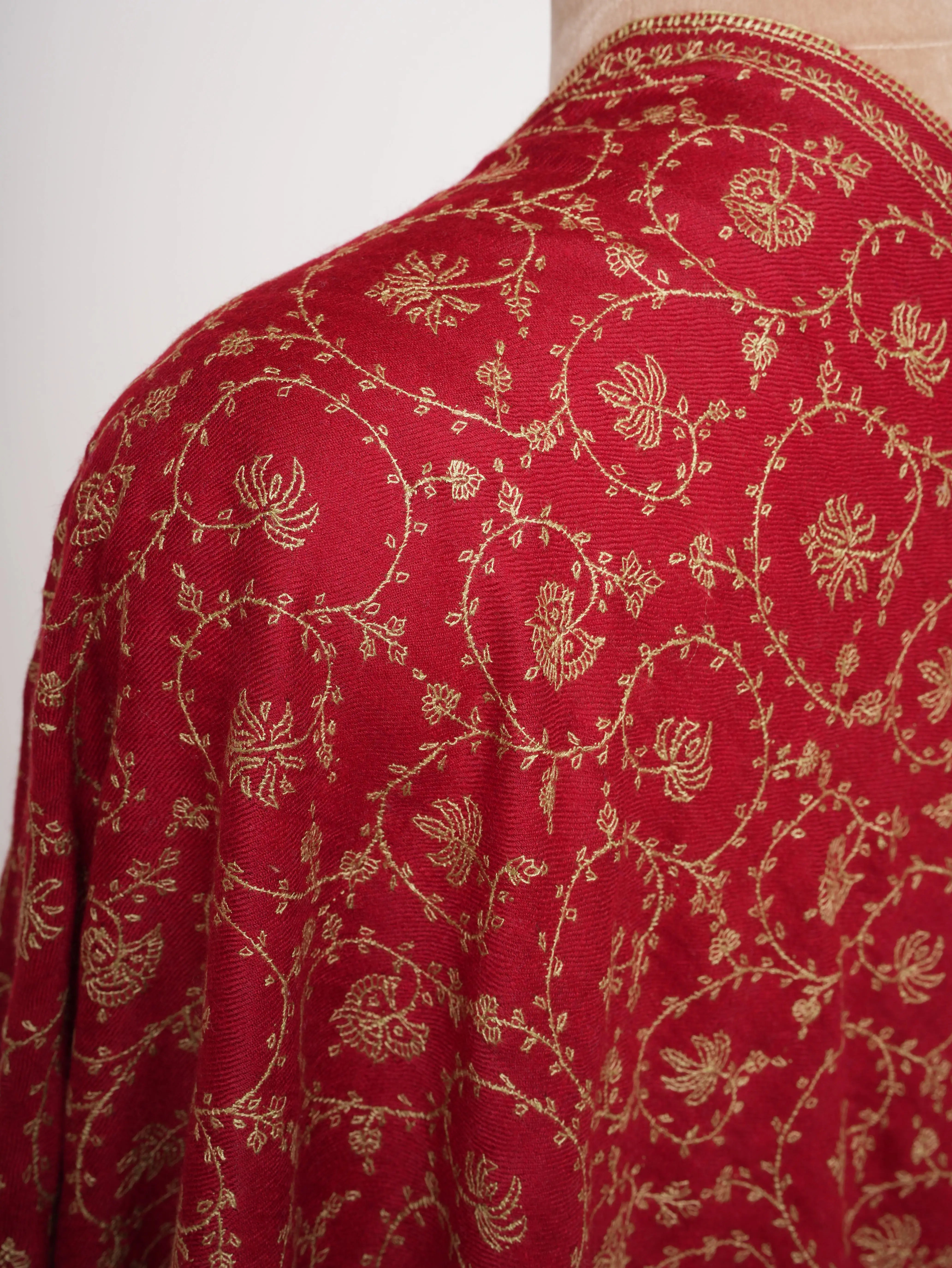 Red Cashmere Scarf with Beige Hand Embroidery Shahkaar