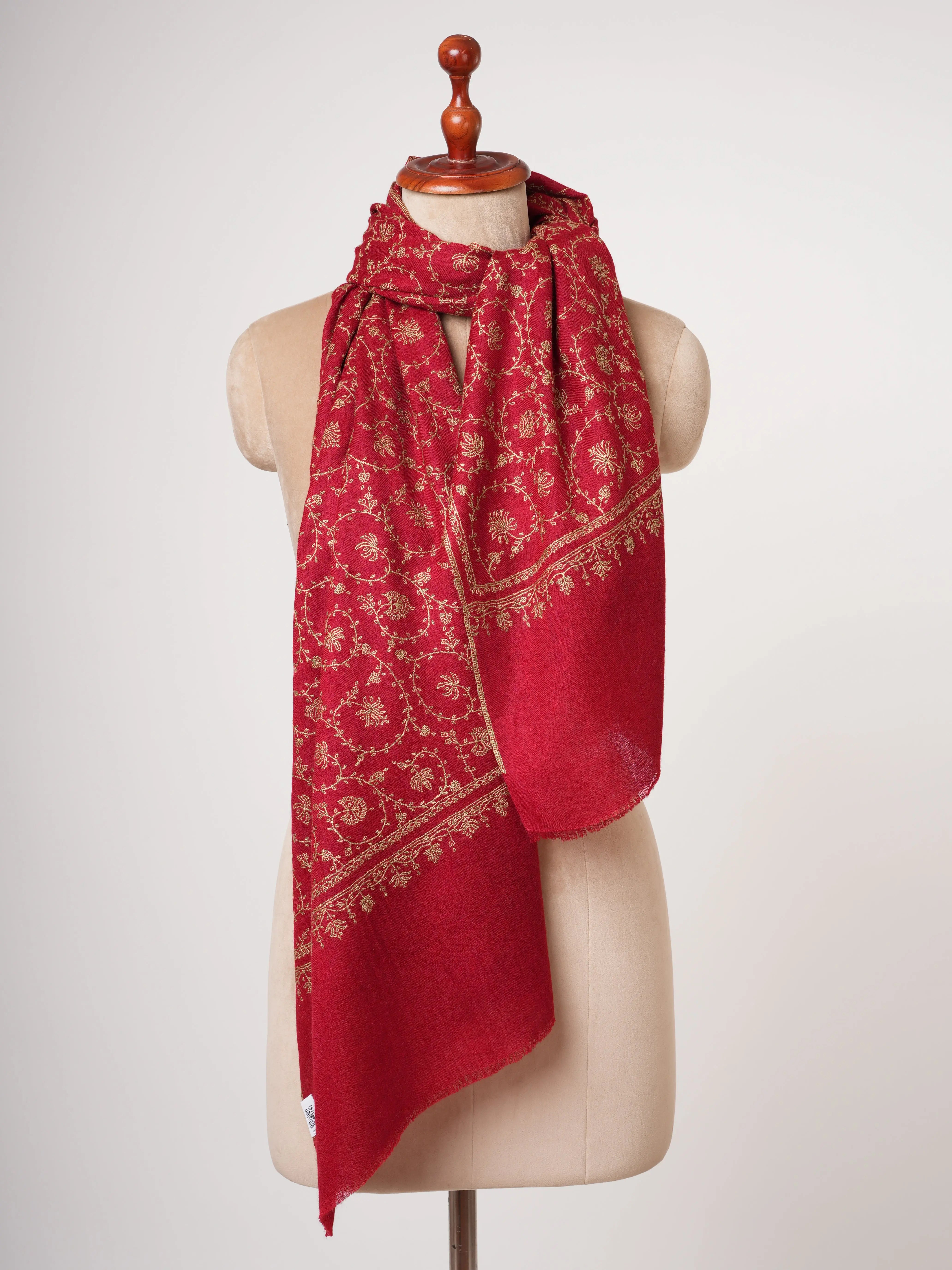 Red Cashmere Scarf with Beige Hand Embroidery Shahkaar