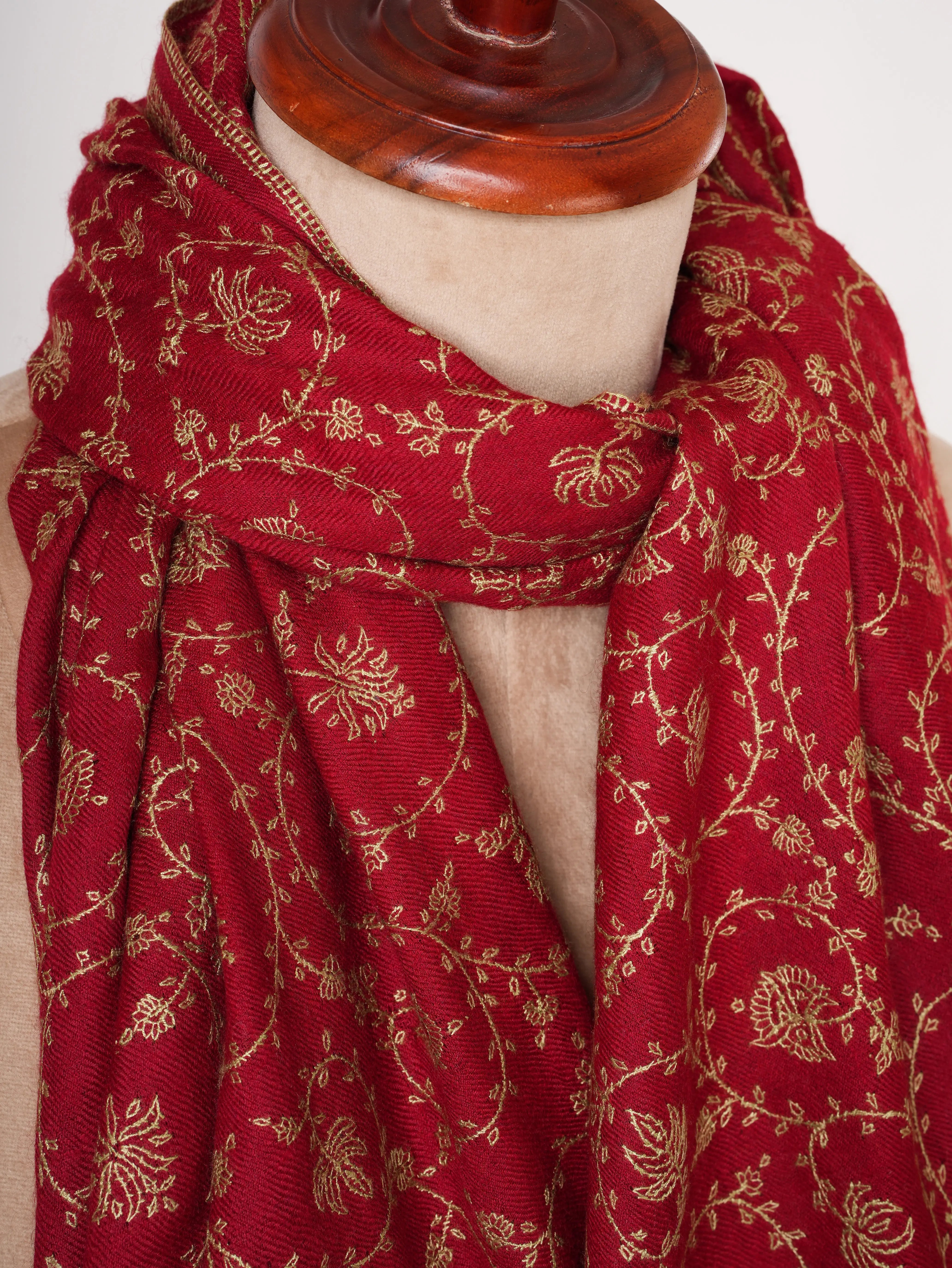 Red Cashmere Scarf with Beige Hand Embroidery Shahkaar