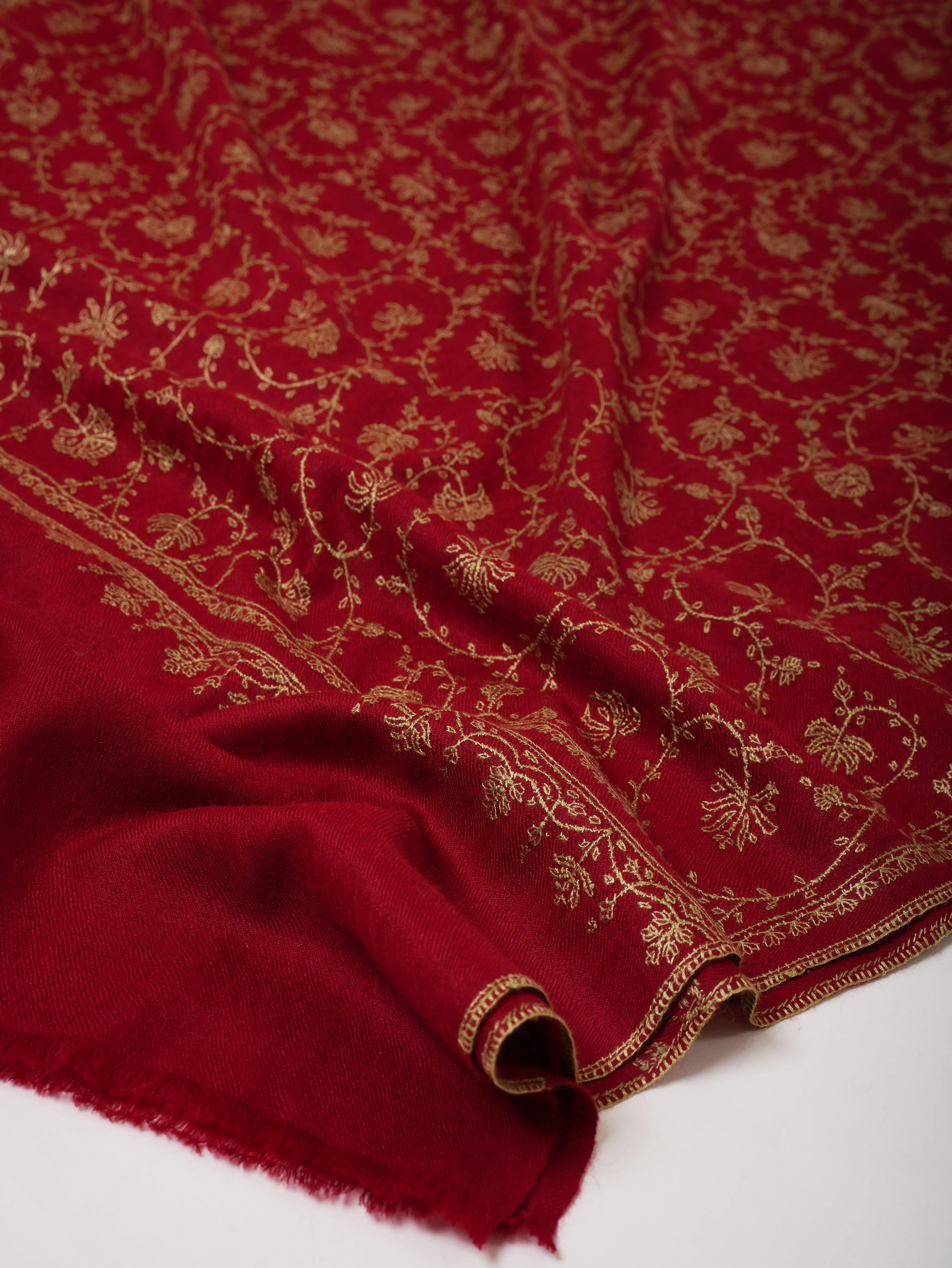 Red Cashmere Scarf with Beige Hand Embroidery Shahkaar