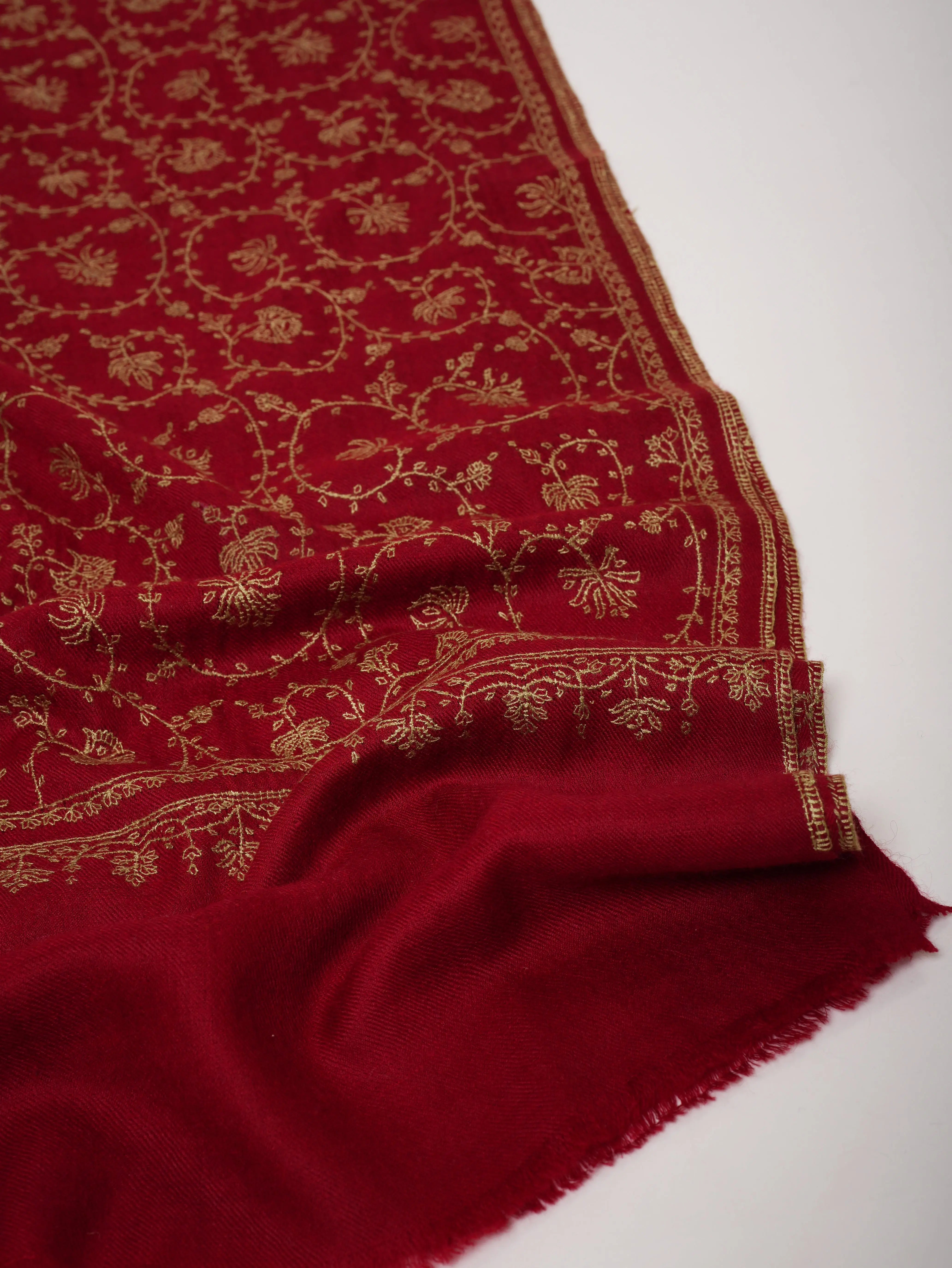 Red Cashmere Scarf with Beige Hand Embroidery Shahkaar