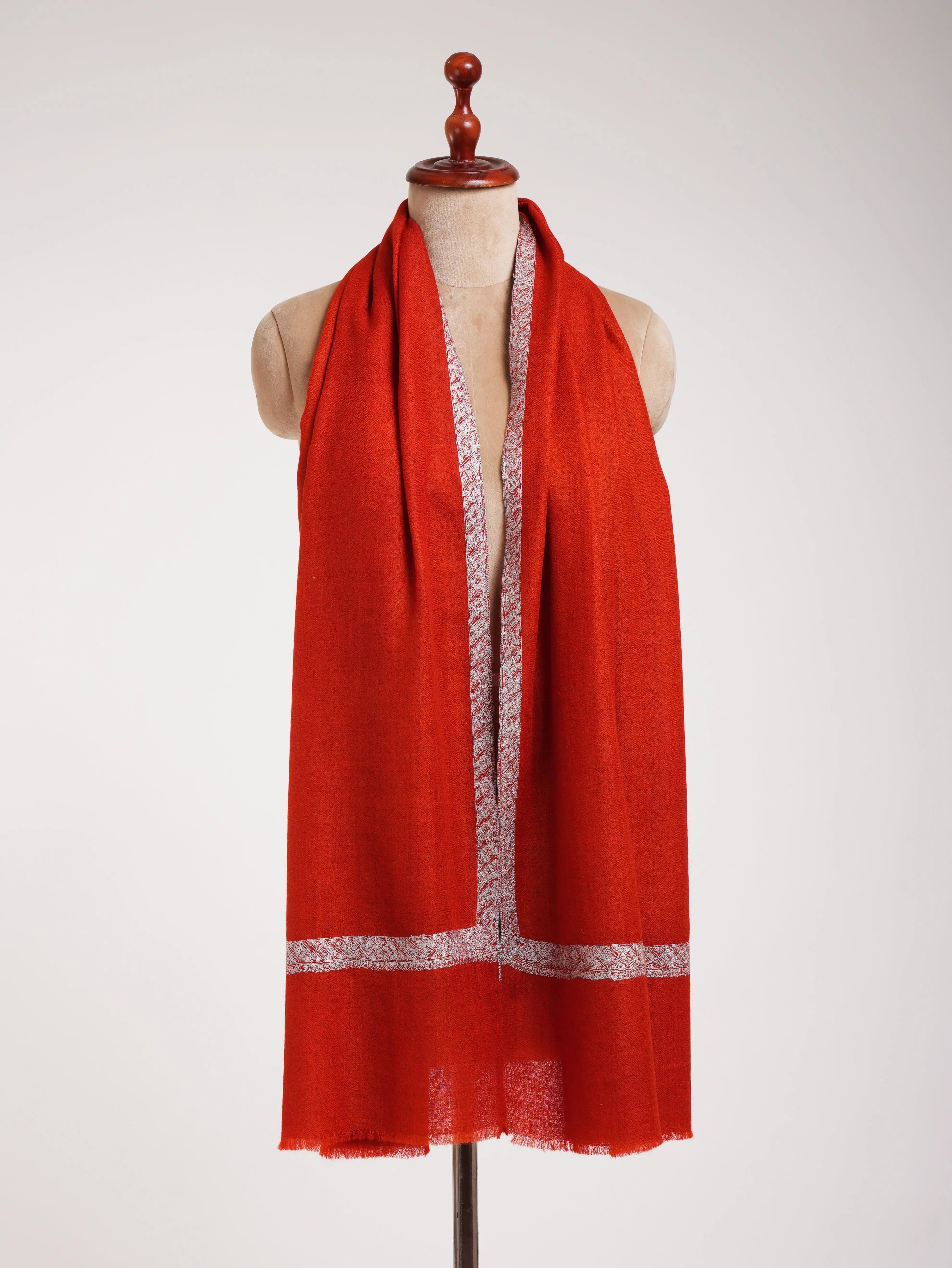 Red Embroidered Artistic Cashmere Stole Shahkaar