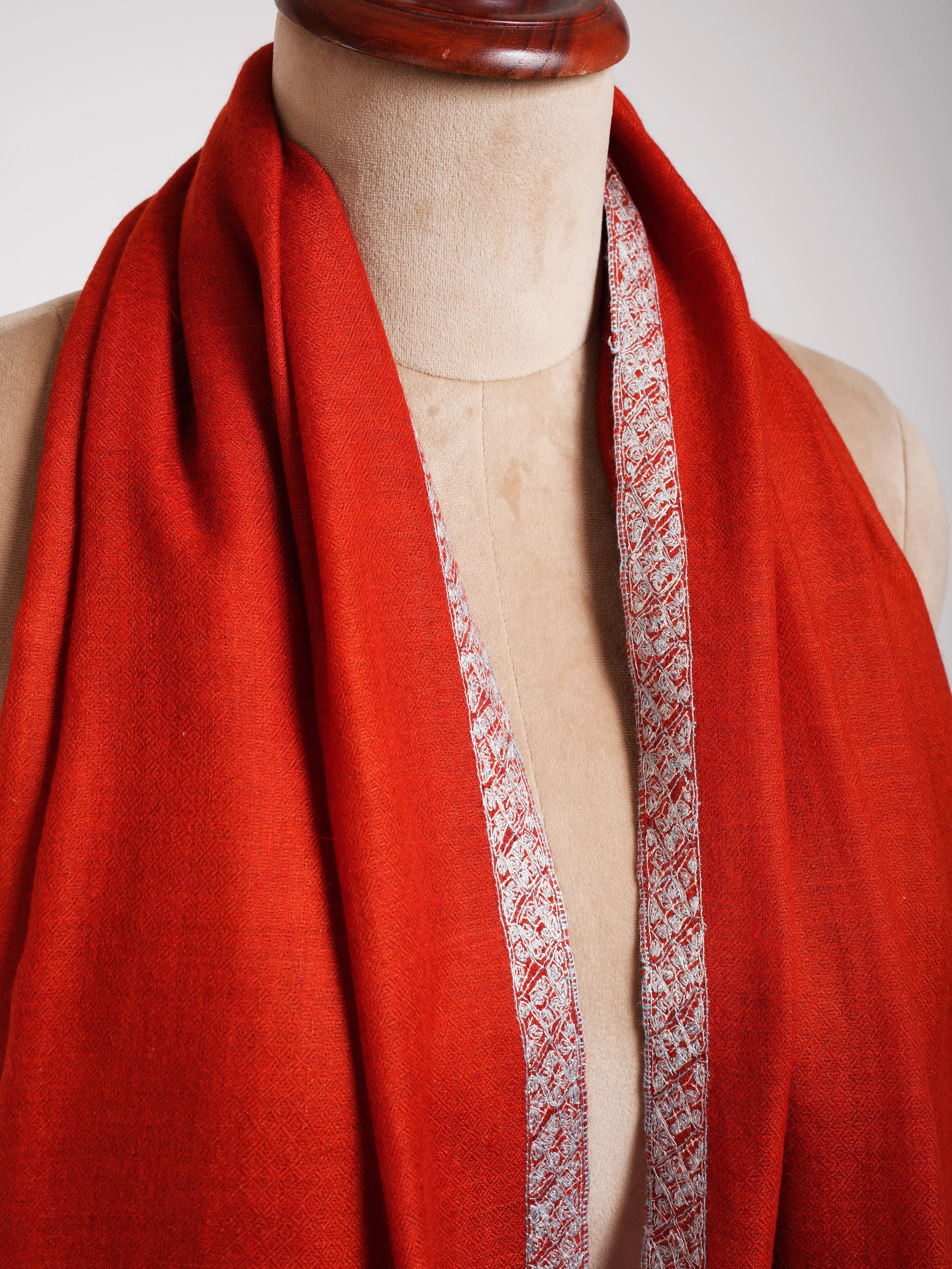 Red Embroidered Artistic Cashmere Stole Shahkaar