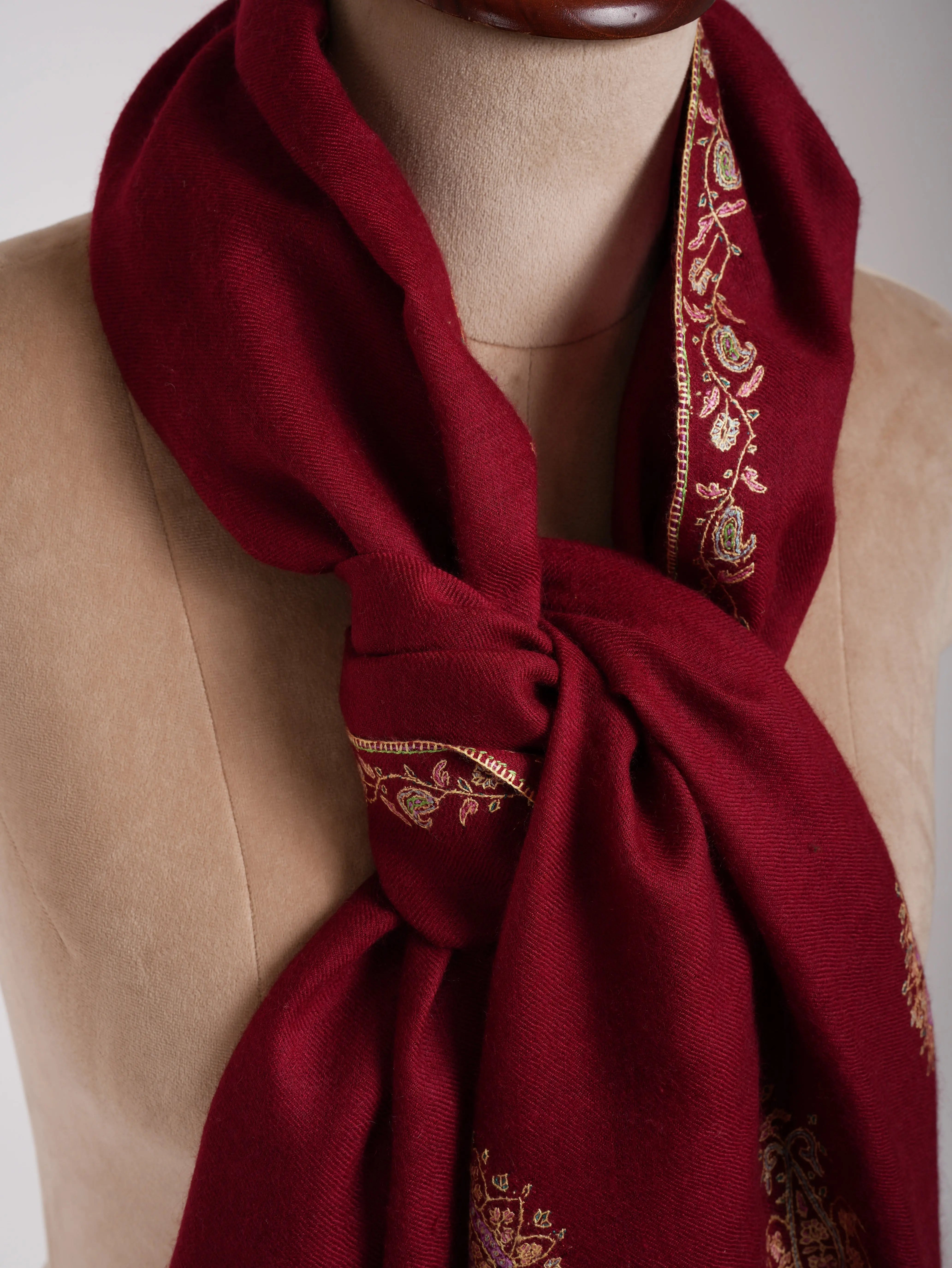 Red Embroidered Indian Cashmere Scarf Shahkaar