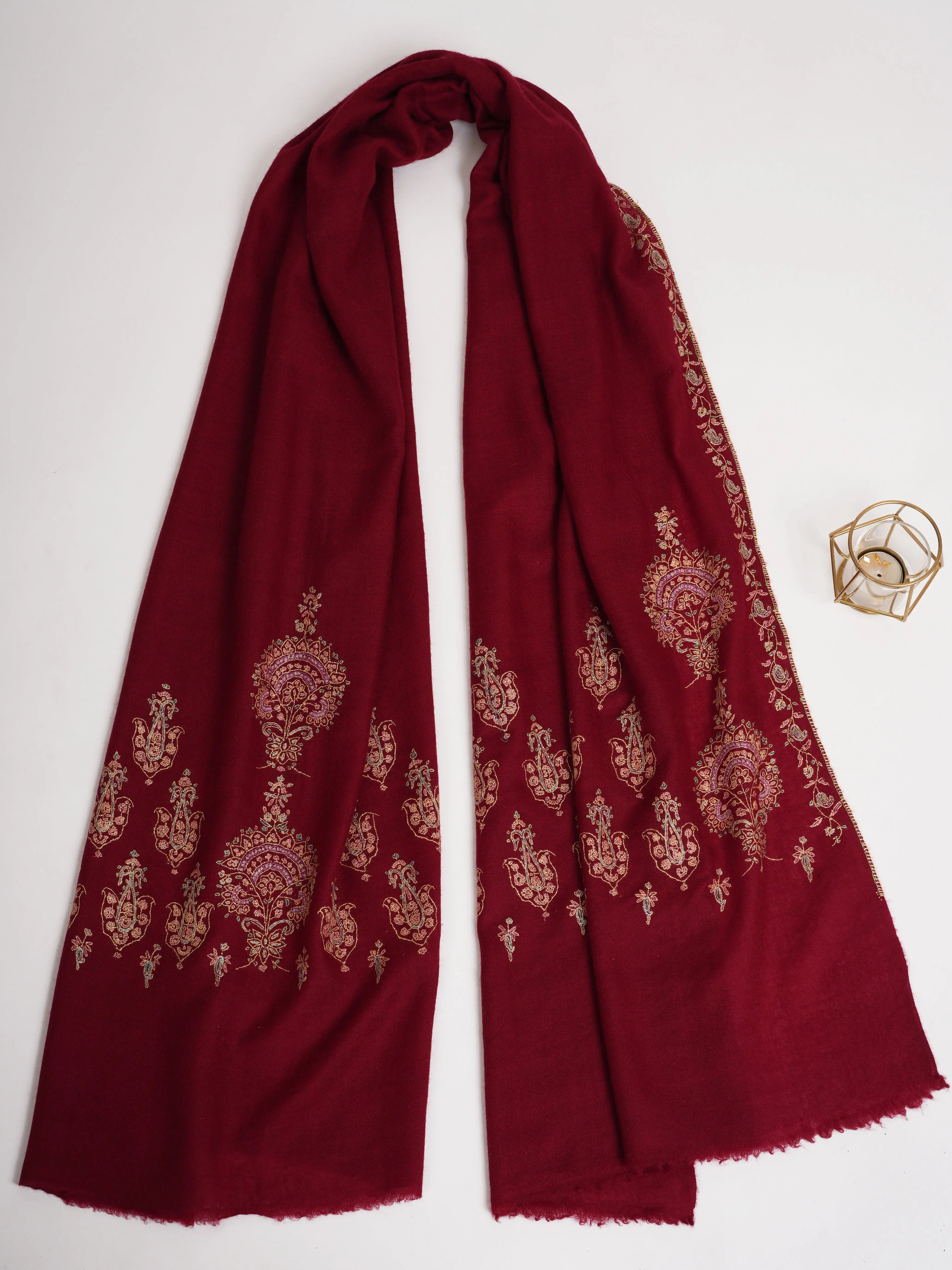 Red Embroidered Indian Cashmere Scarf Shahkaar