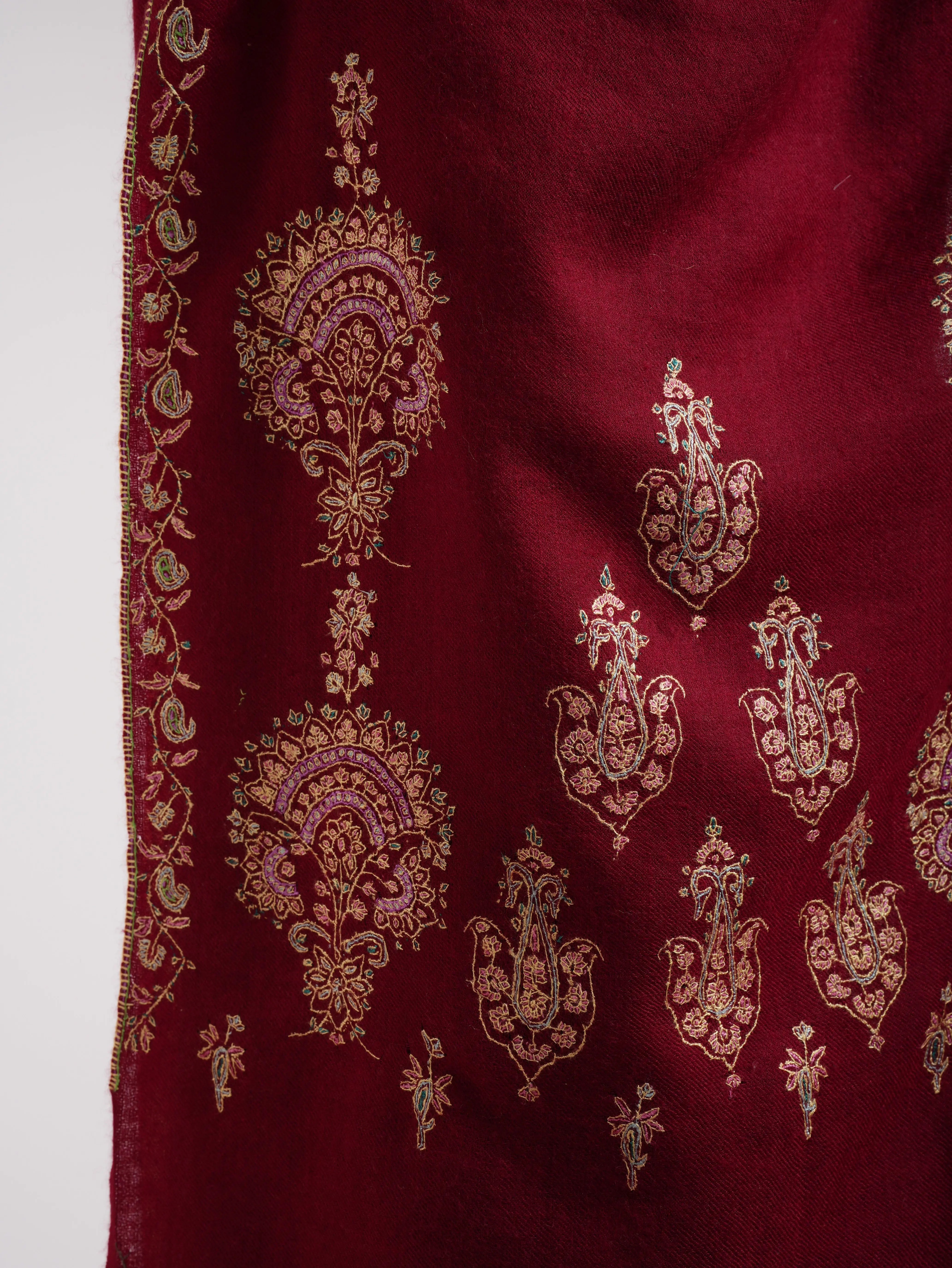Red Embroidered Indian Cashmere Scarf Shahkaar