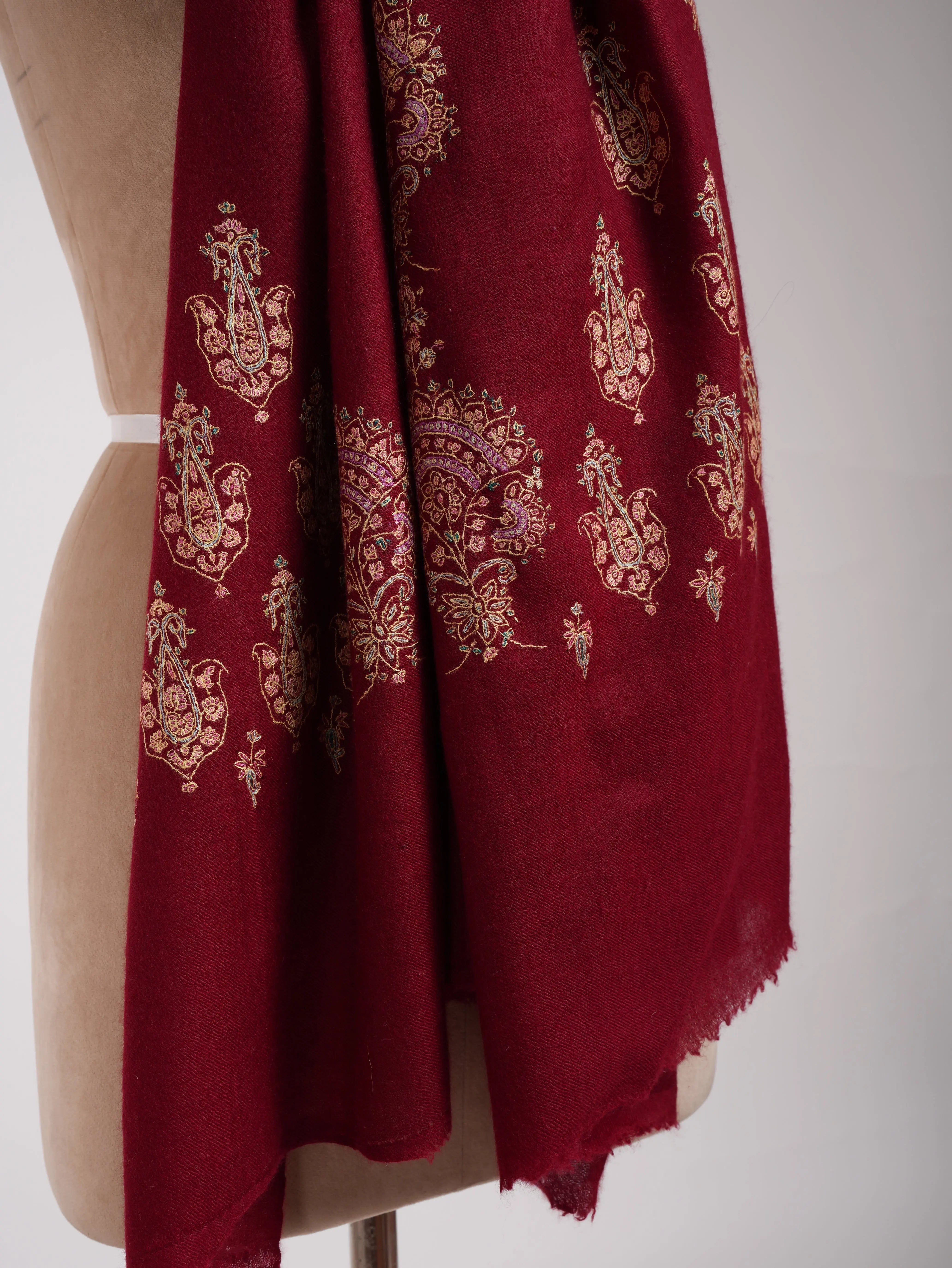 Red Embroidered Indian Cashmere Scarf Shahkaar