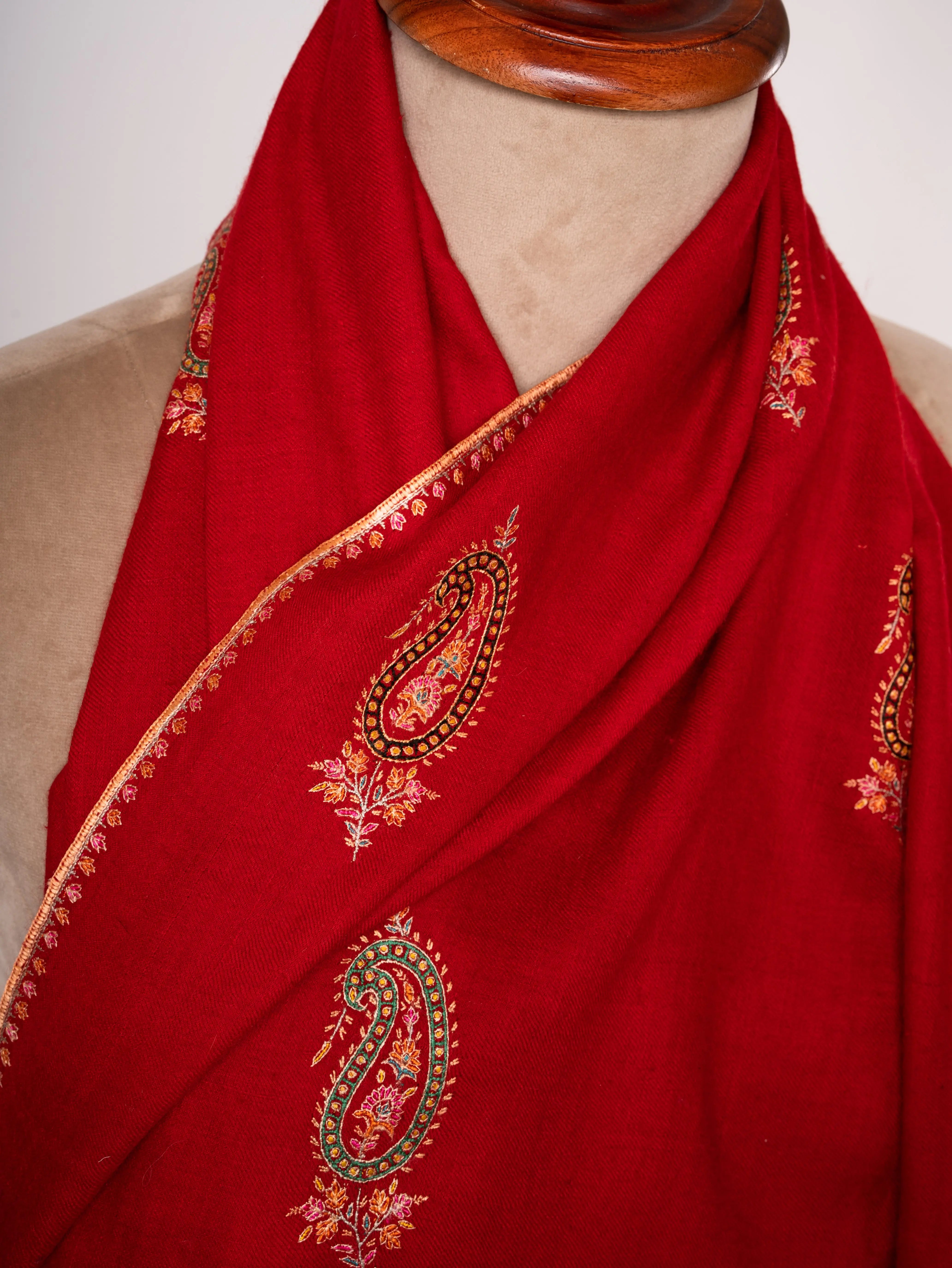 Red Handspun Pashmina Shawl with Mulberry Silk Embroidery Shahkaar