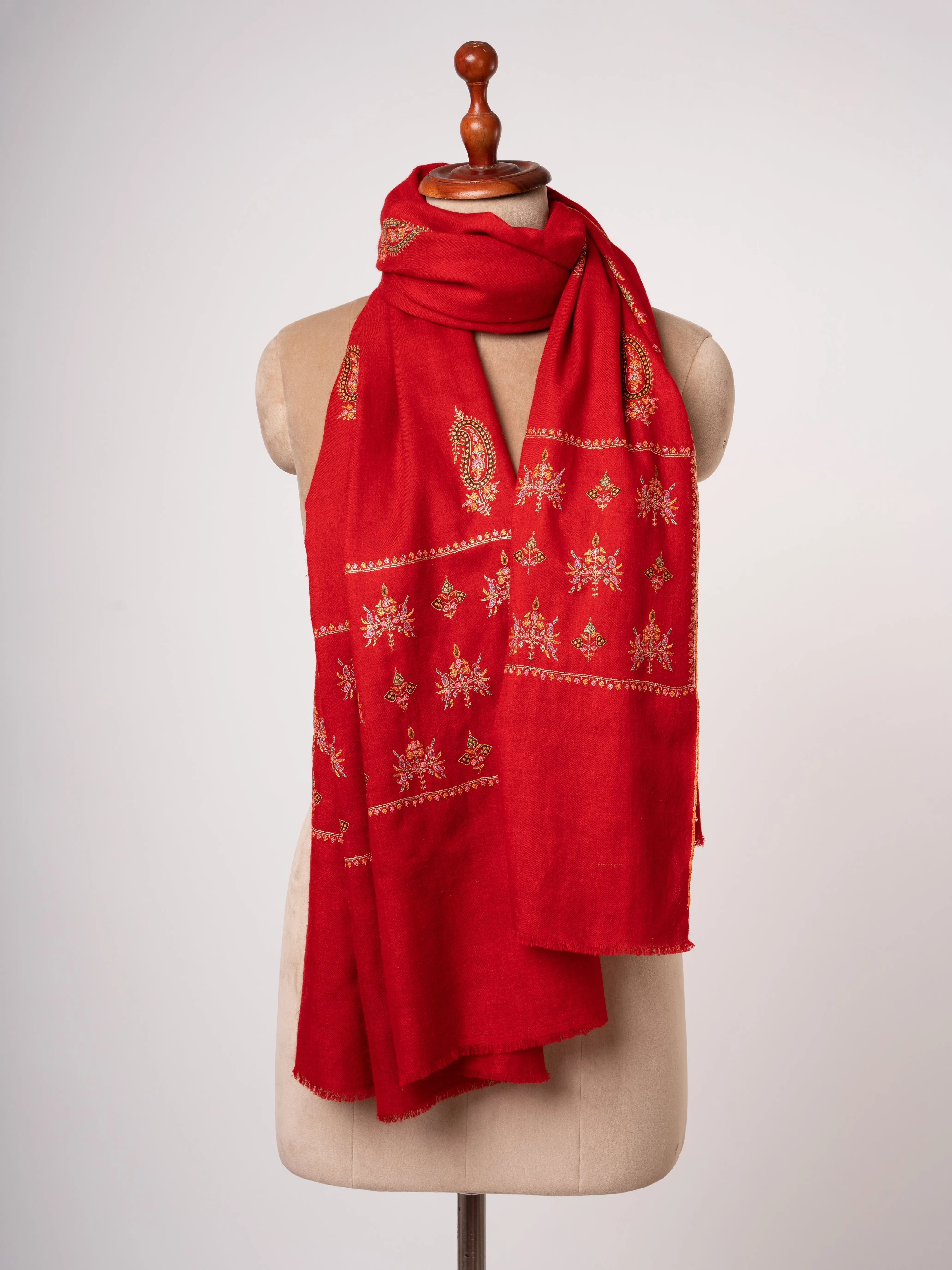 Red Handspun Pashmina Shawl with Mulberry Silk Embroidery Shahkaar
